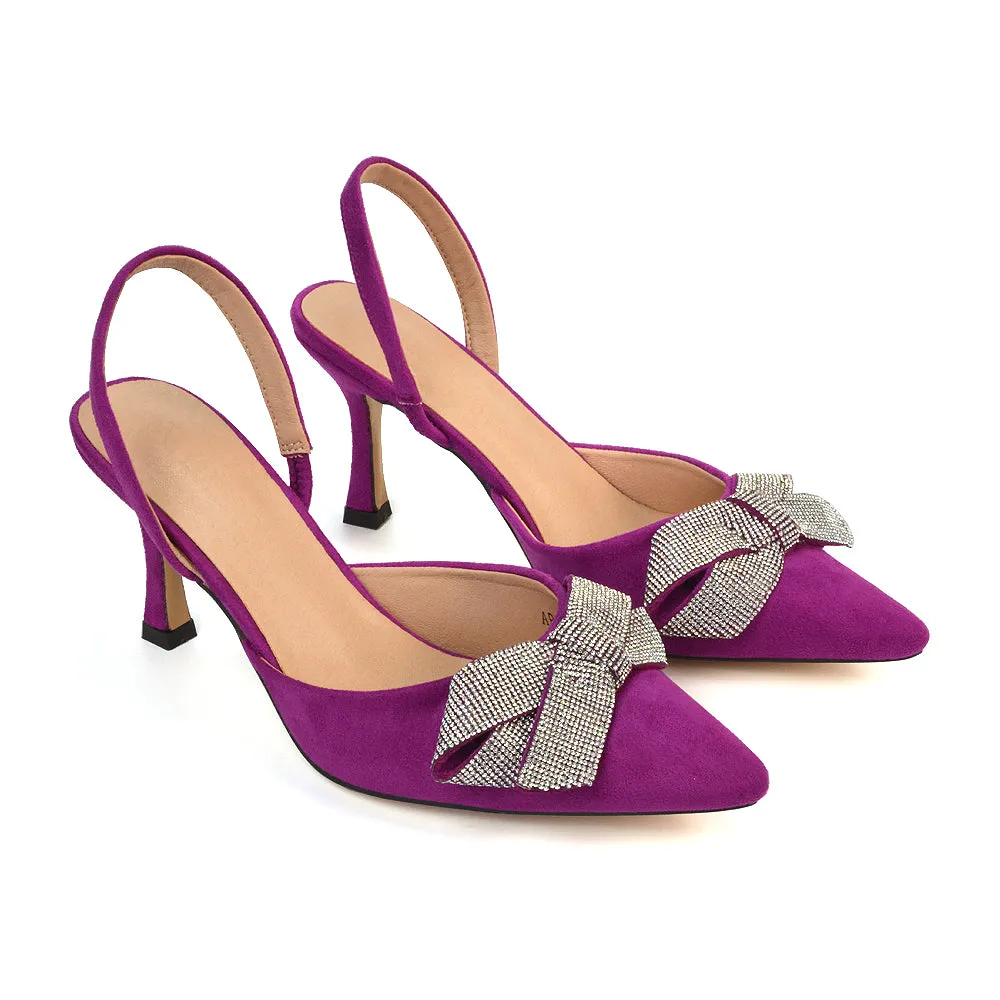 Victoria Diamante Bow Stiletto Slingback High Heel Shoes in Navy Faux Suede
