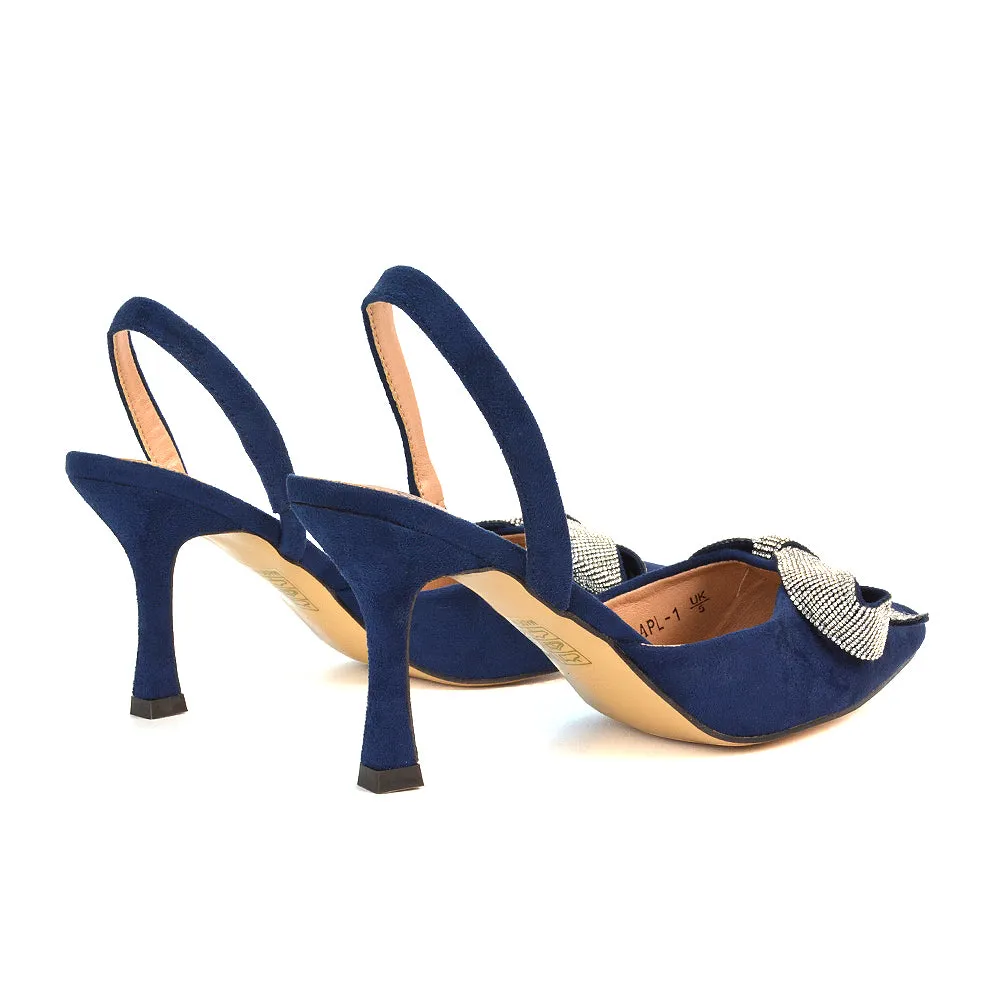 Victoria Diamante Bow Stiletto Slingback High Heel Shoes in Navy Faux Suede