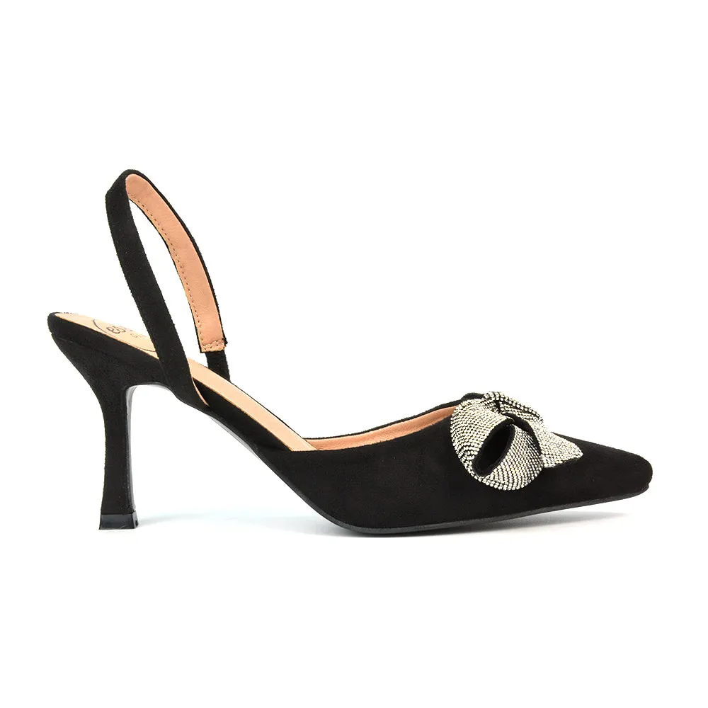 Victoria Diamante Bow Stiletto Slingback High Heel Shoes in Navy Faux Suede