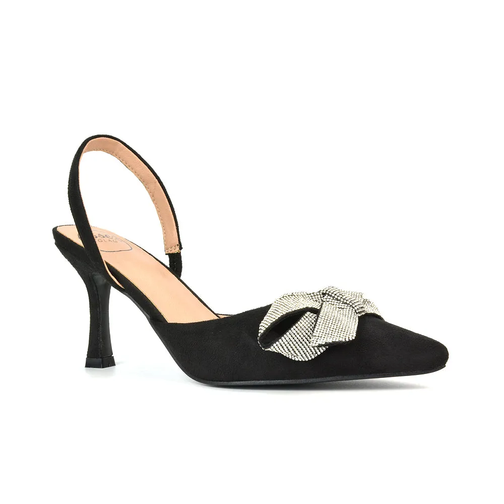 Victoria Diamante Bow Stiletto Slingback High Heel Shoes in Navy Faux Suede