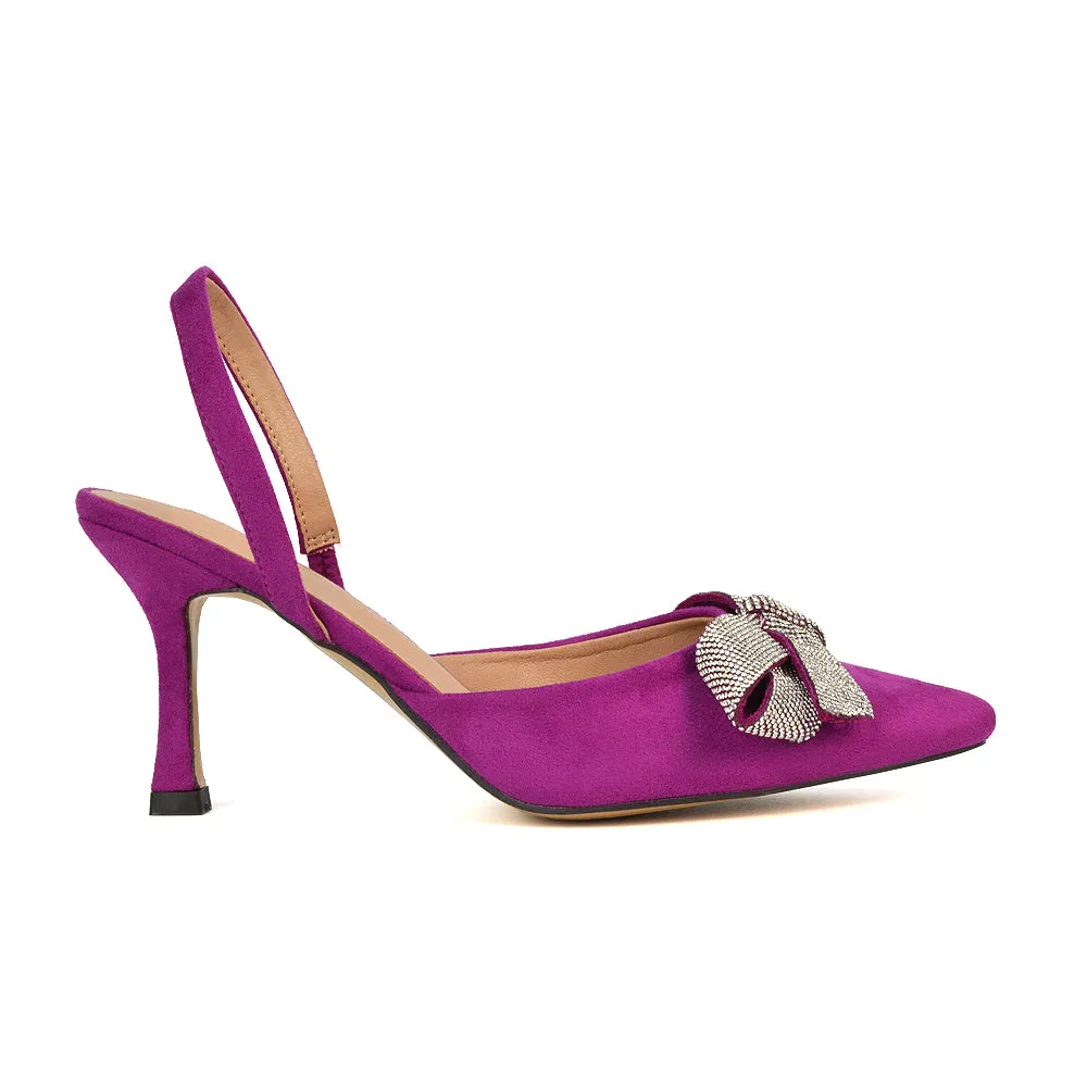 Victoria Diamante Bow Stiletto Slingback High Heel Shoes in Navy Faux Suede