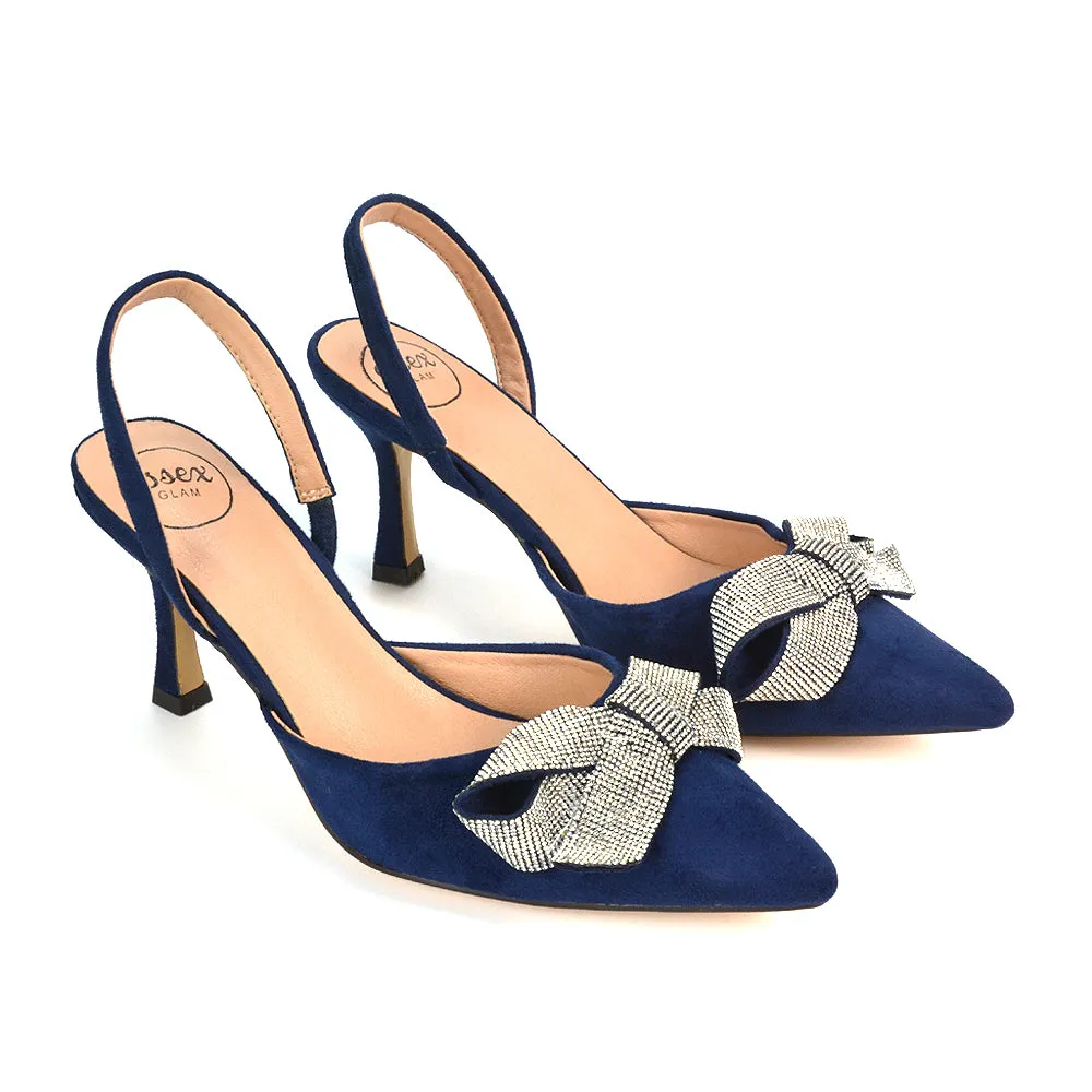 Victoria Diamante Bow Stiletto Slingback High Heel Shoes in Navy Faux Suede