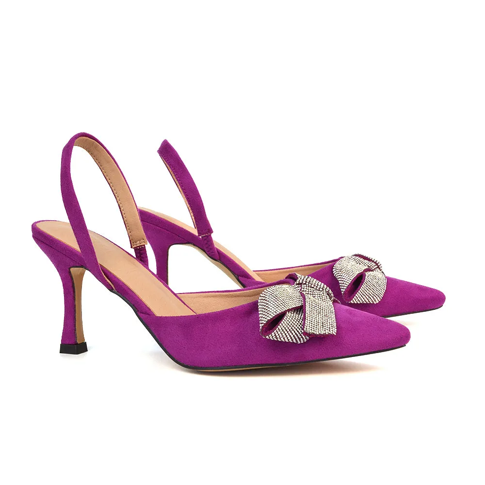 Victoria Diamante Bow Stiletto Slingback High Heel Shoes in Navy Faux Suede