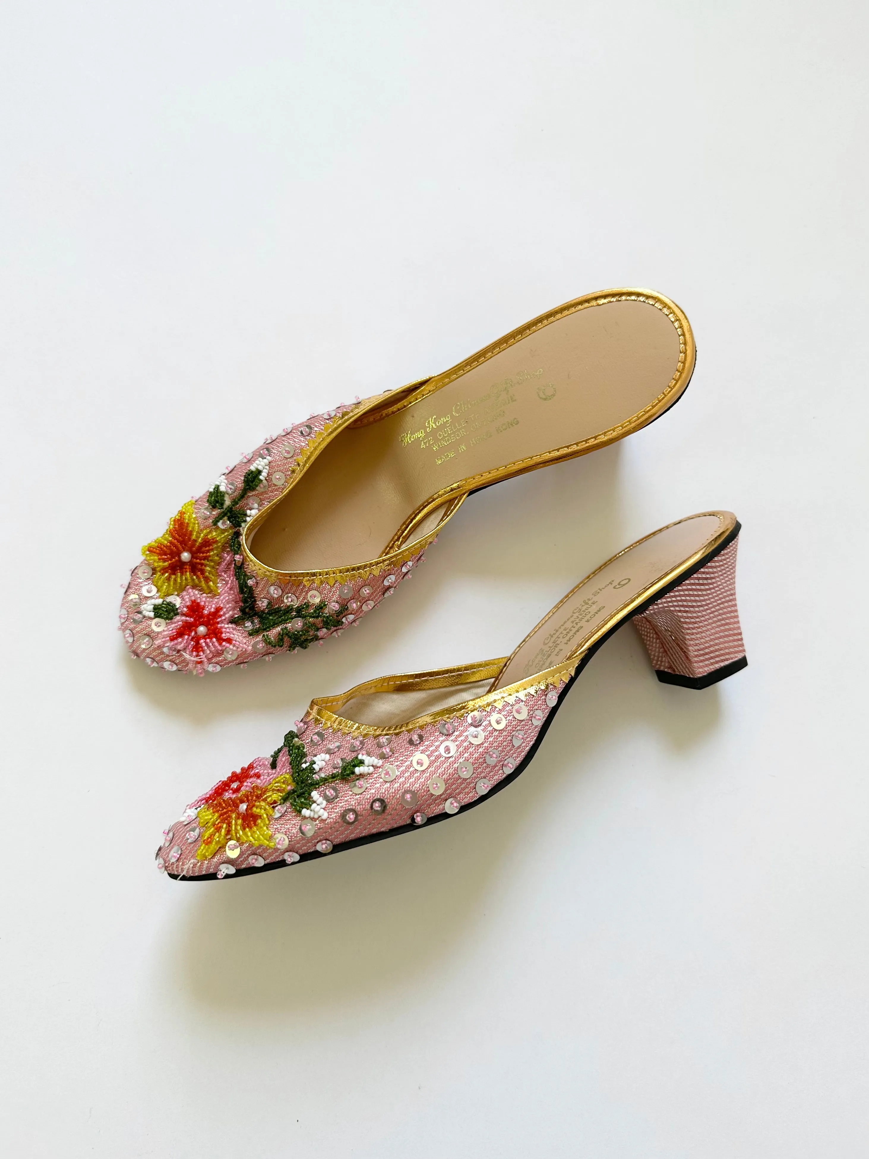 Vintage 1950s Beaded Sequin Kitten Boudoir Mule Slippers (5)