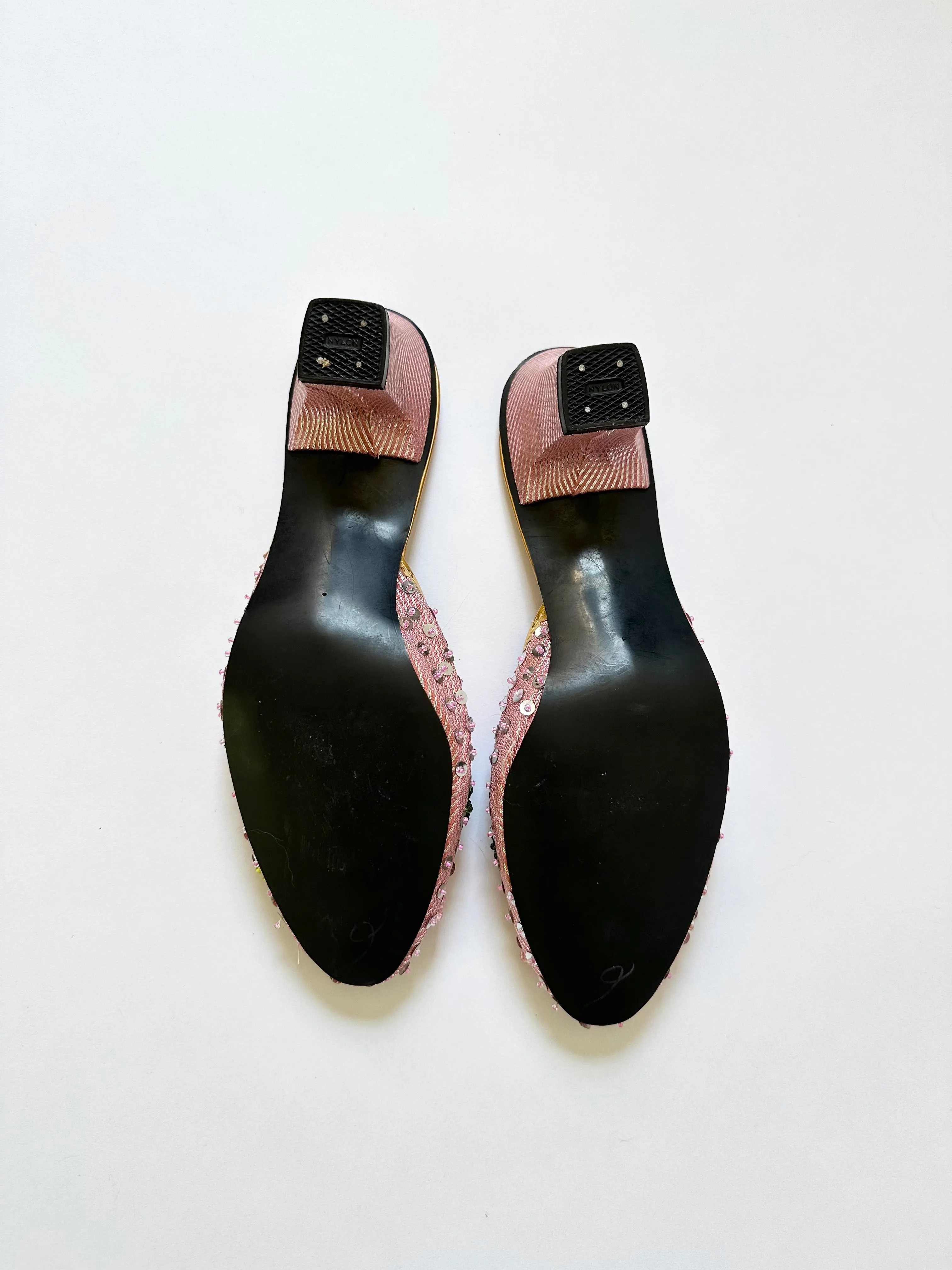 Vintage 1950s Beaded Sequin Kitten Boudoir Mule Slippers (5)