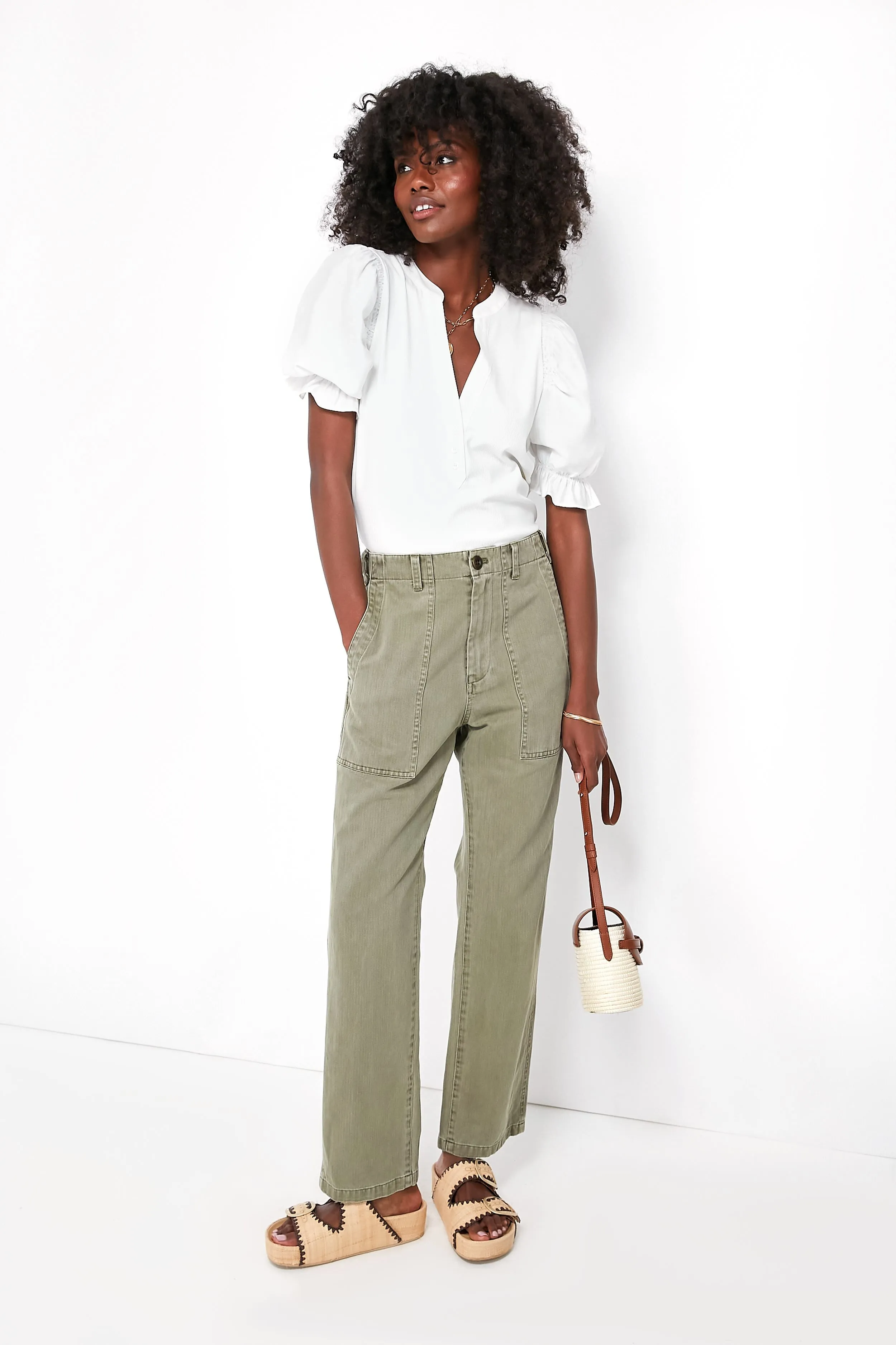 Vintage Olive Herringbone Utility Pant