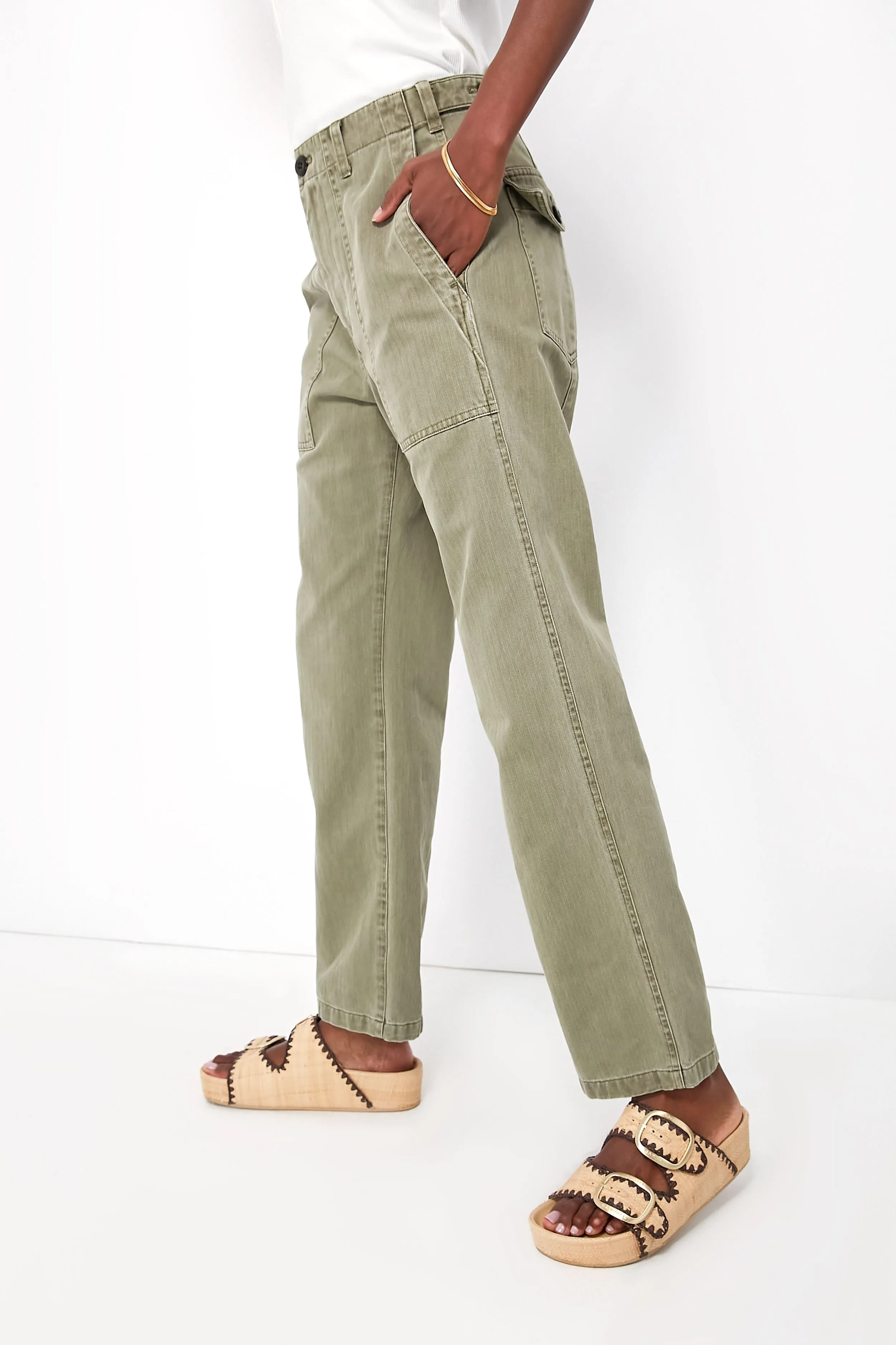 Vintage Olive Herringbone Utility Pant