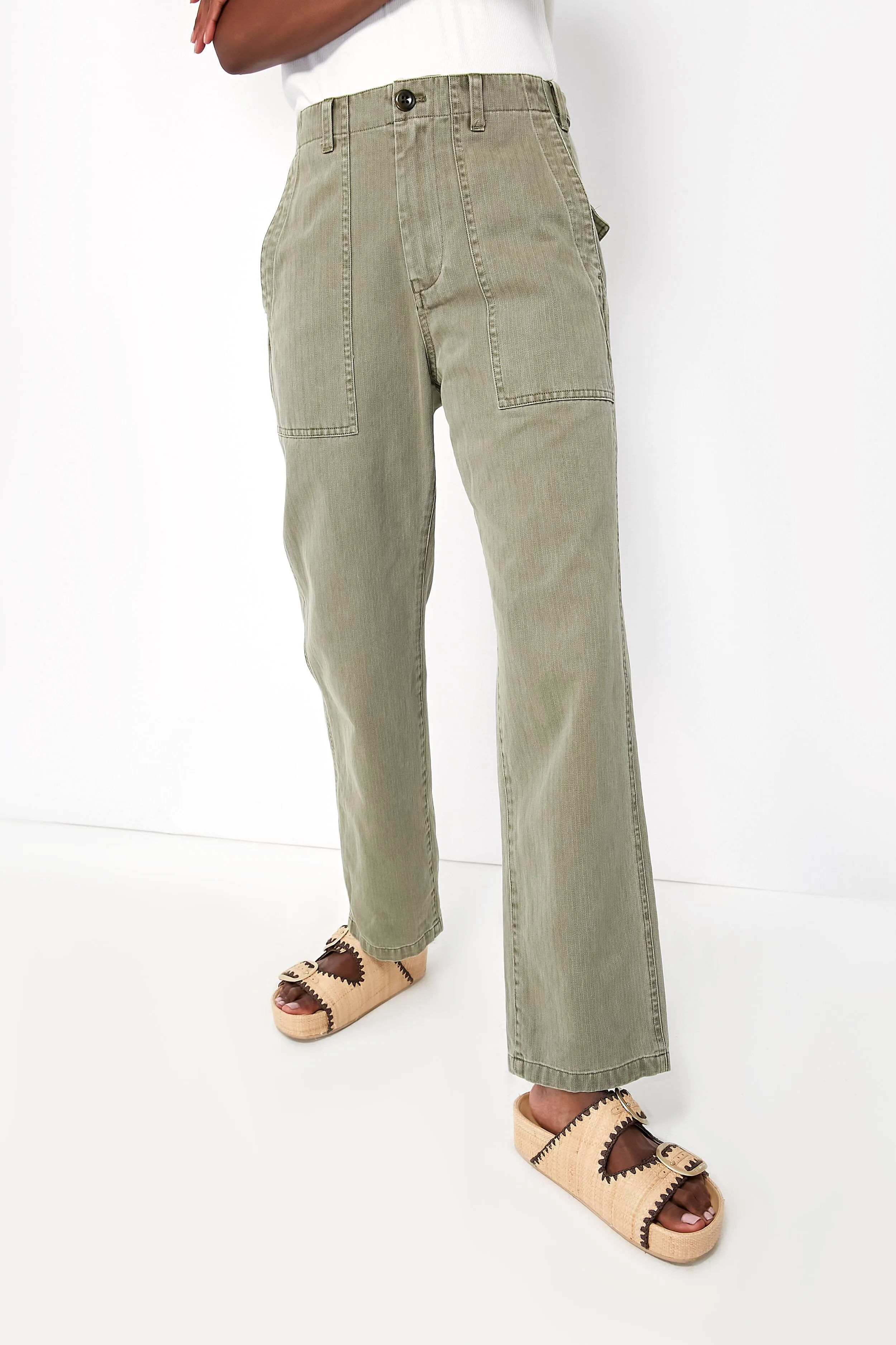 Vintage Olive Herringbone Utility Pant