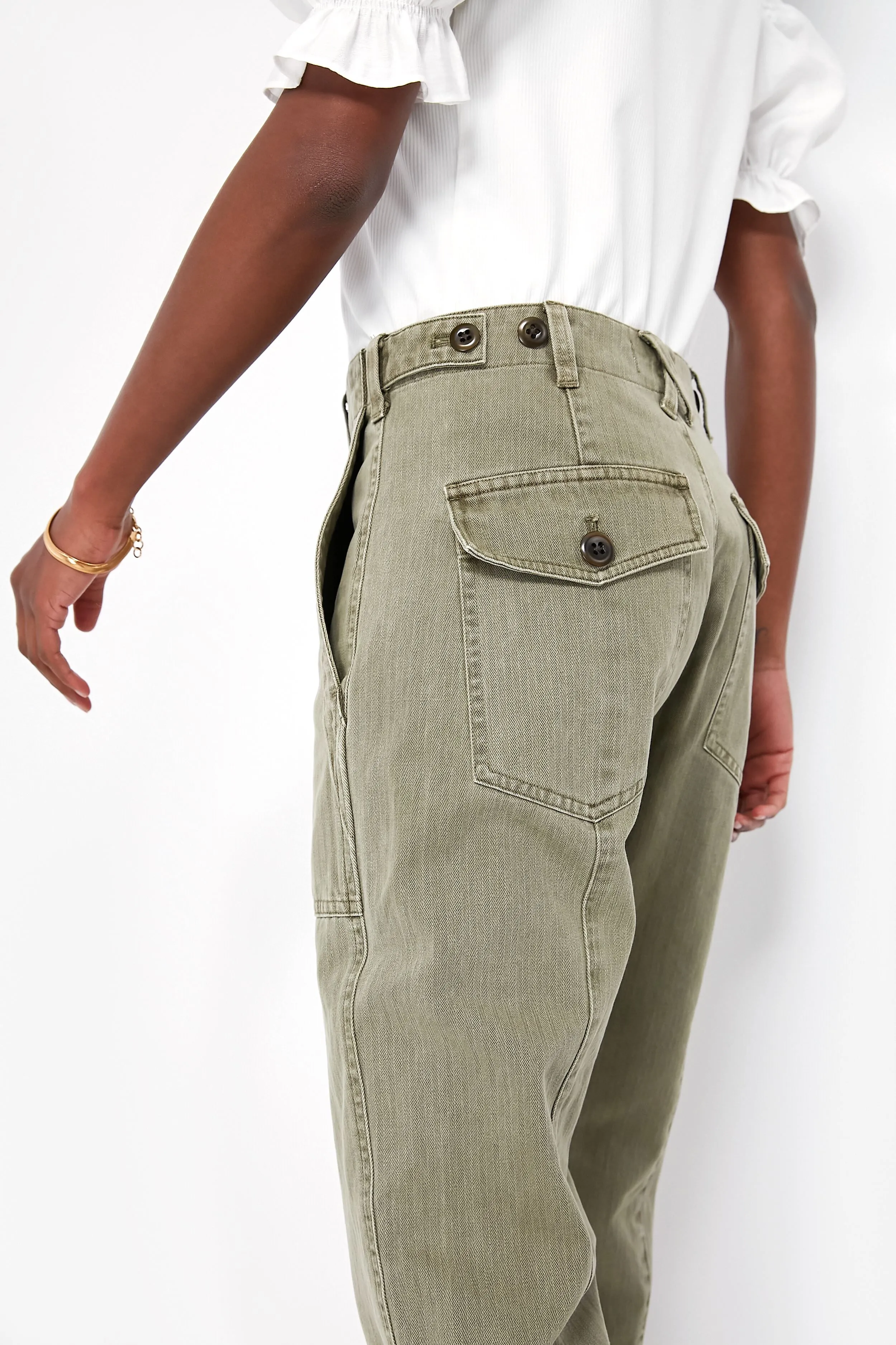 Vintage Olive Herringbone Utility Pant