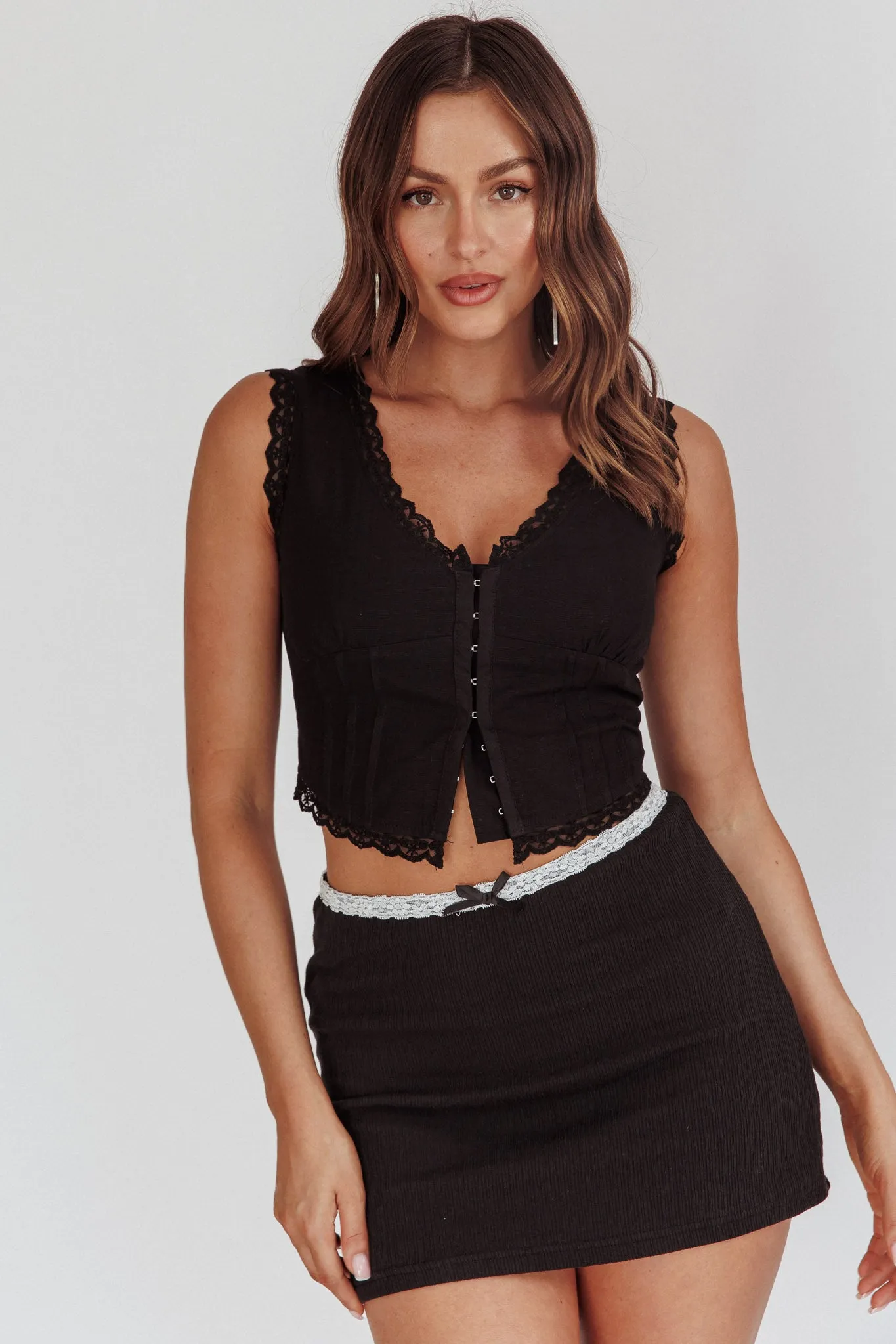 Walkaway Lace Trim Hook & Eye Top Black