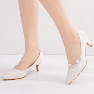 White floral lace kitten heeled wedding pumps elegant bridal shoes