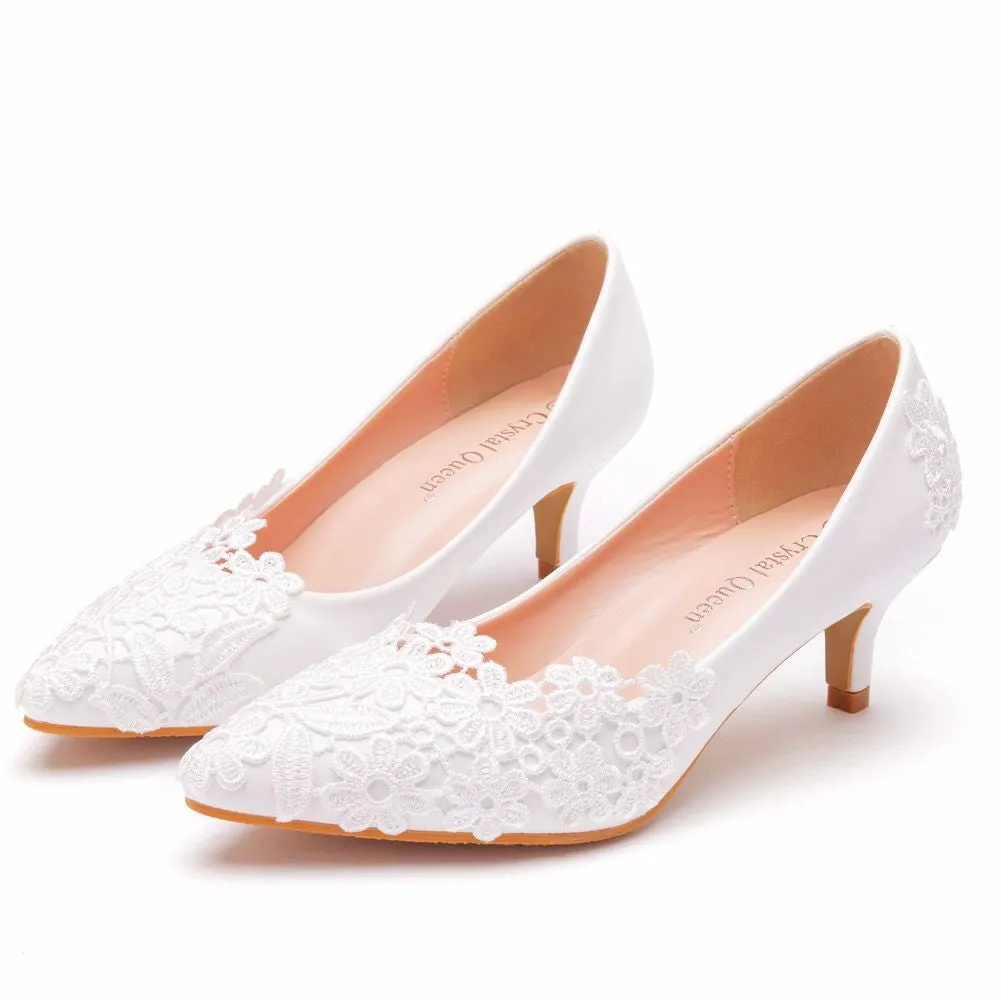 White floral lace kitten heeled wedding pumps elegant bridal shoes