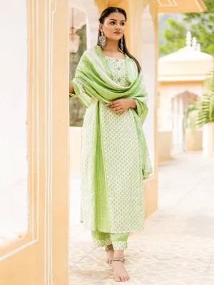 Women Green Floral Printed Kurta with Palazzos & Dupatta