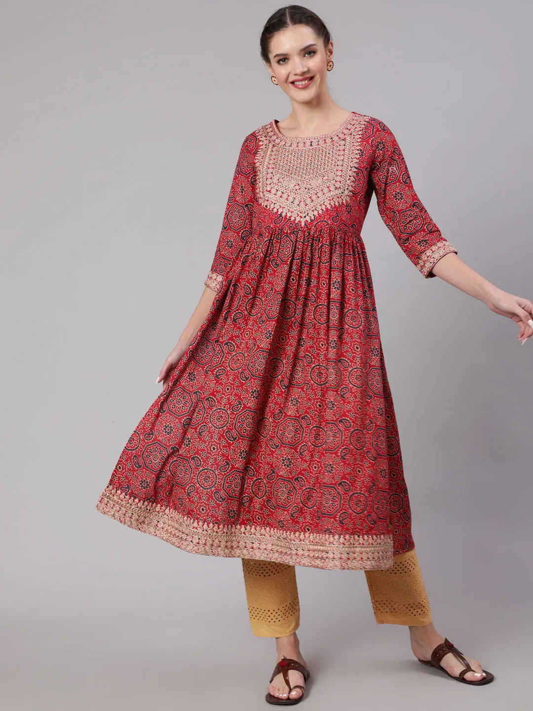Women Red Cotton Nyara Cut A-Line Kurta