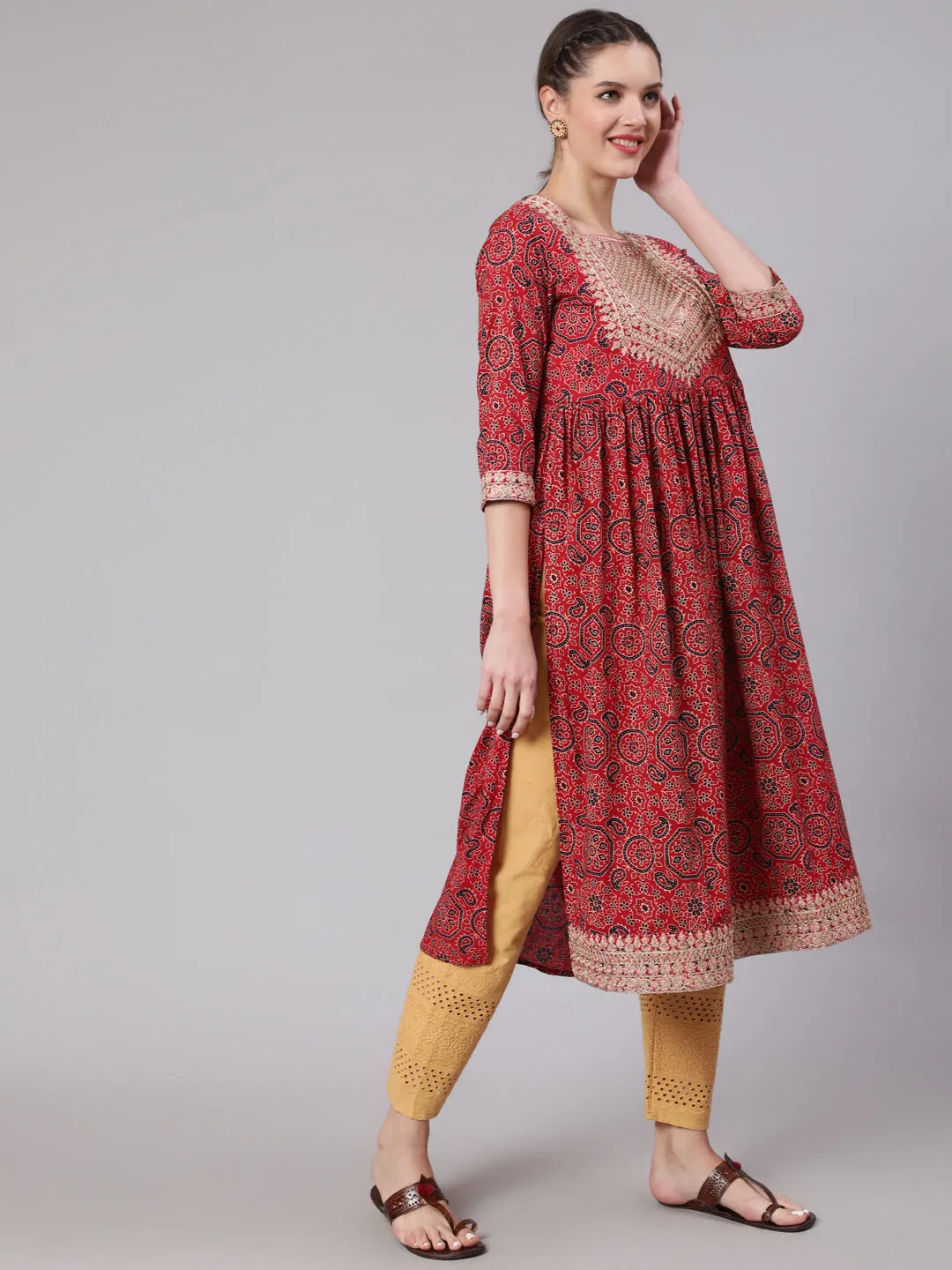 Women Red Cotton Nyara Cut A-Line Kurta