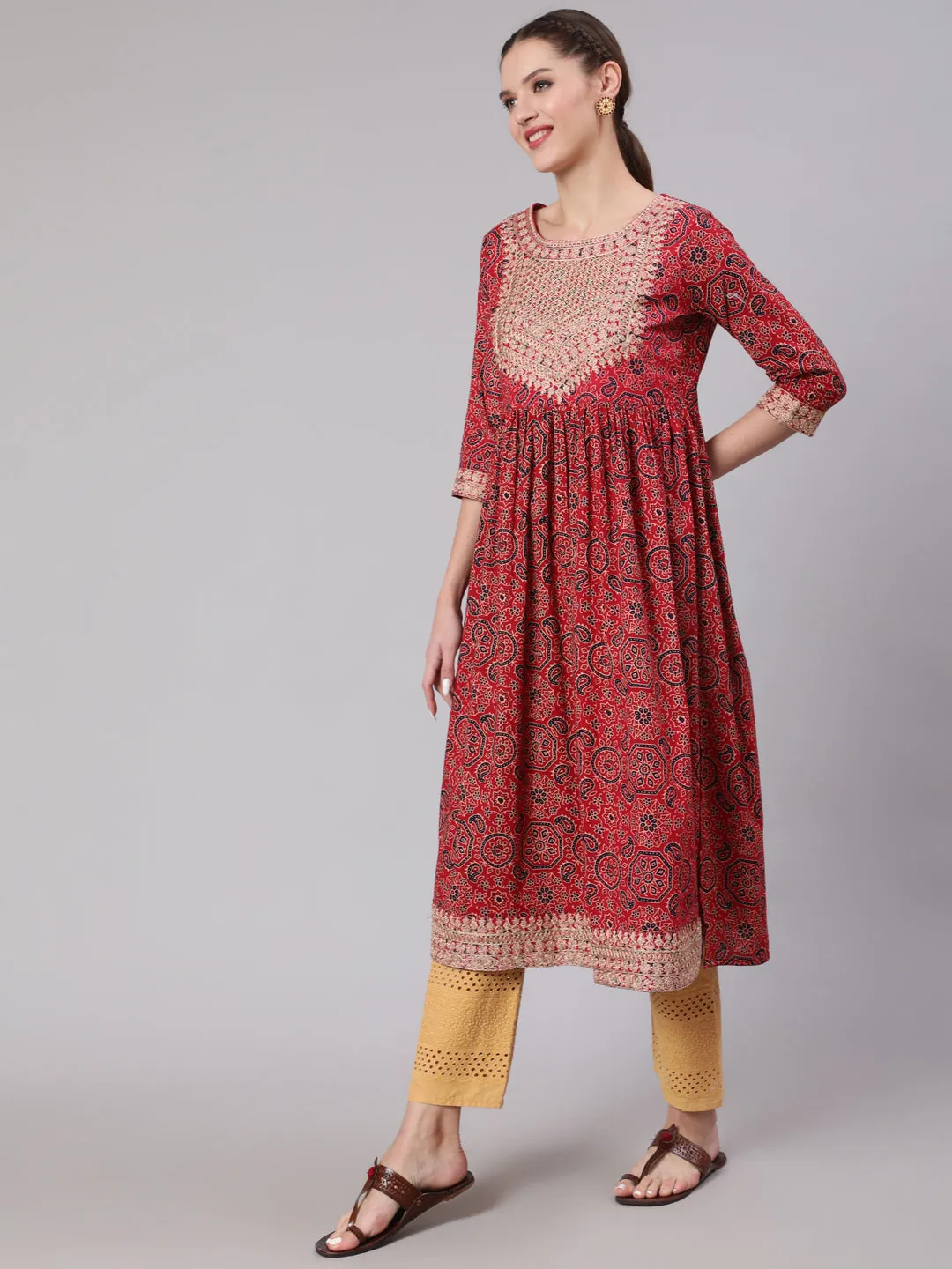 Women Red Cotton Nyara Cut A-Line Kurta
