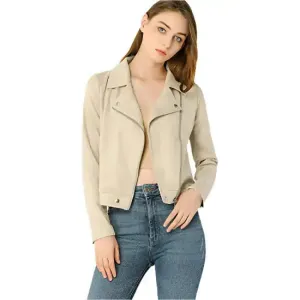 Women's Beige Zip-Up Suede Leather Biker Jacket – Stylish & Chic