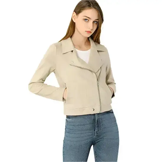 Women's Beige Zip-Up Suede Leather Biker Jacket – Stylish & Chic