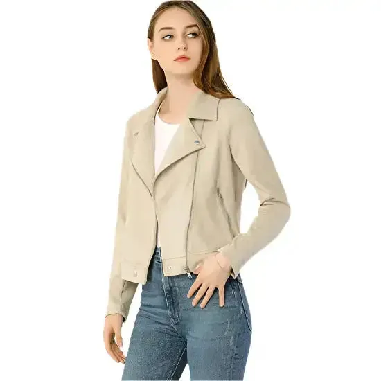 Women's Beige Zip-Up Suede Leather Biker Jacket – Stylish & Chic