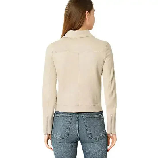 Women's Beige Zip-Up Suede Leather Biker Jacket – Stylish & Chic