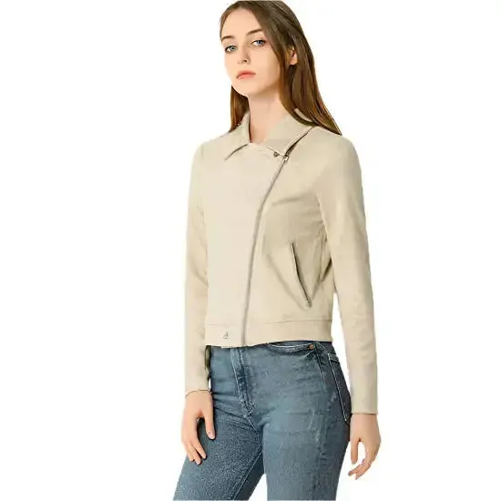 Women's Beige Zip-Up Suede Leather Biker Jacket – Stylish & Chic
