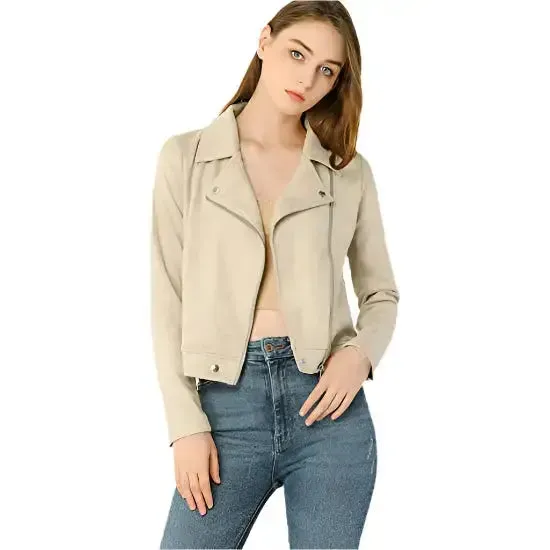Women's Beige Zip-Up Suede Leather Biker Jacket – Stylish & Chic