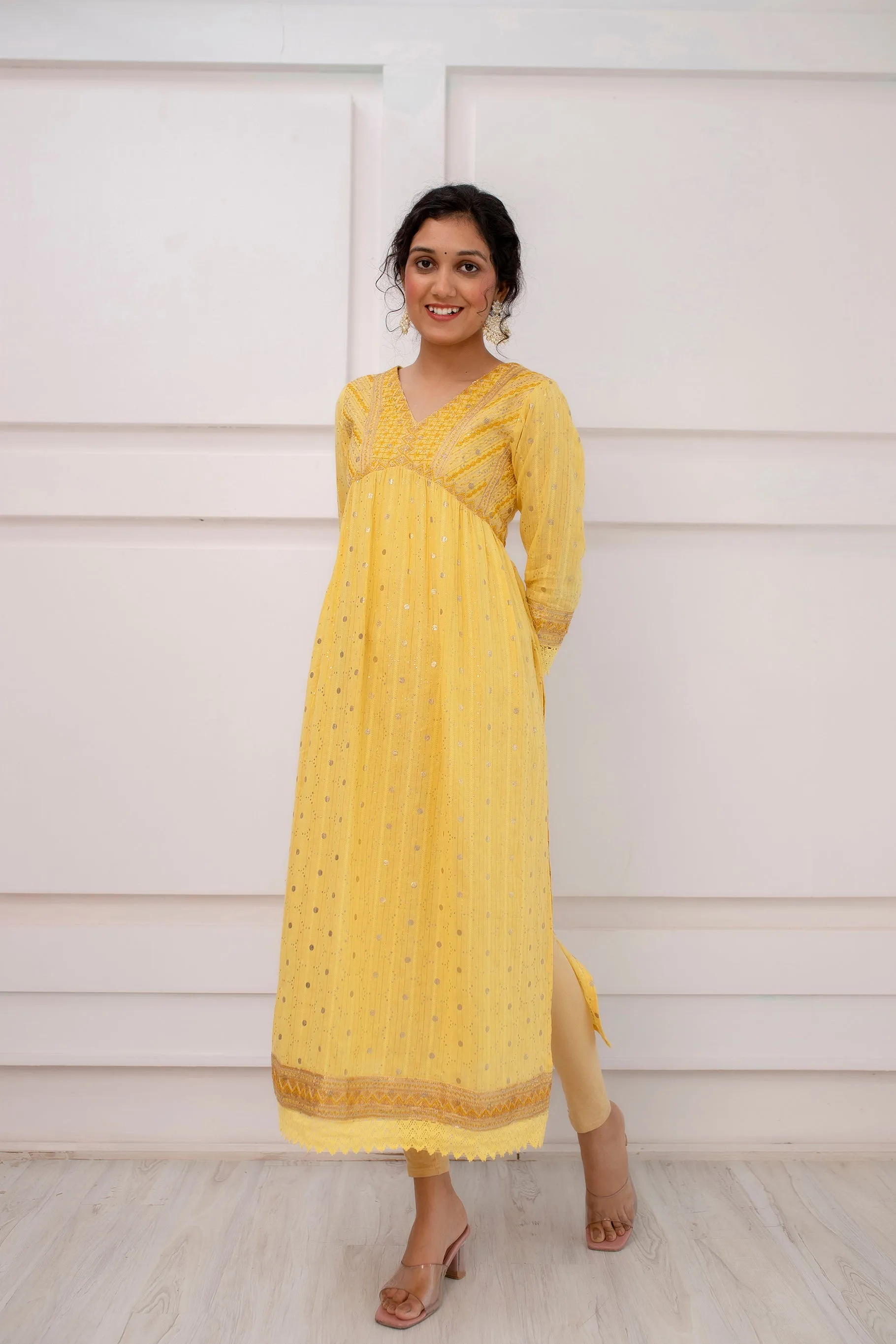 Womens Cotton Luriks Yellow Nyara Cut A-Line Kurta