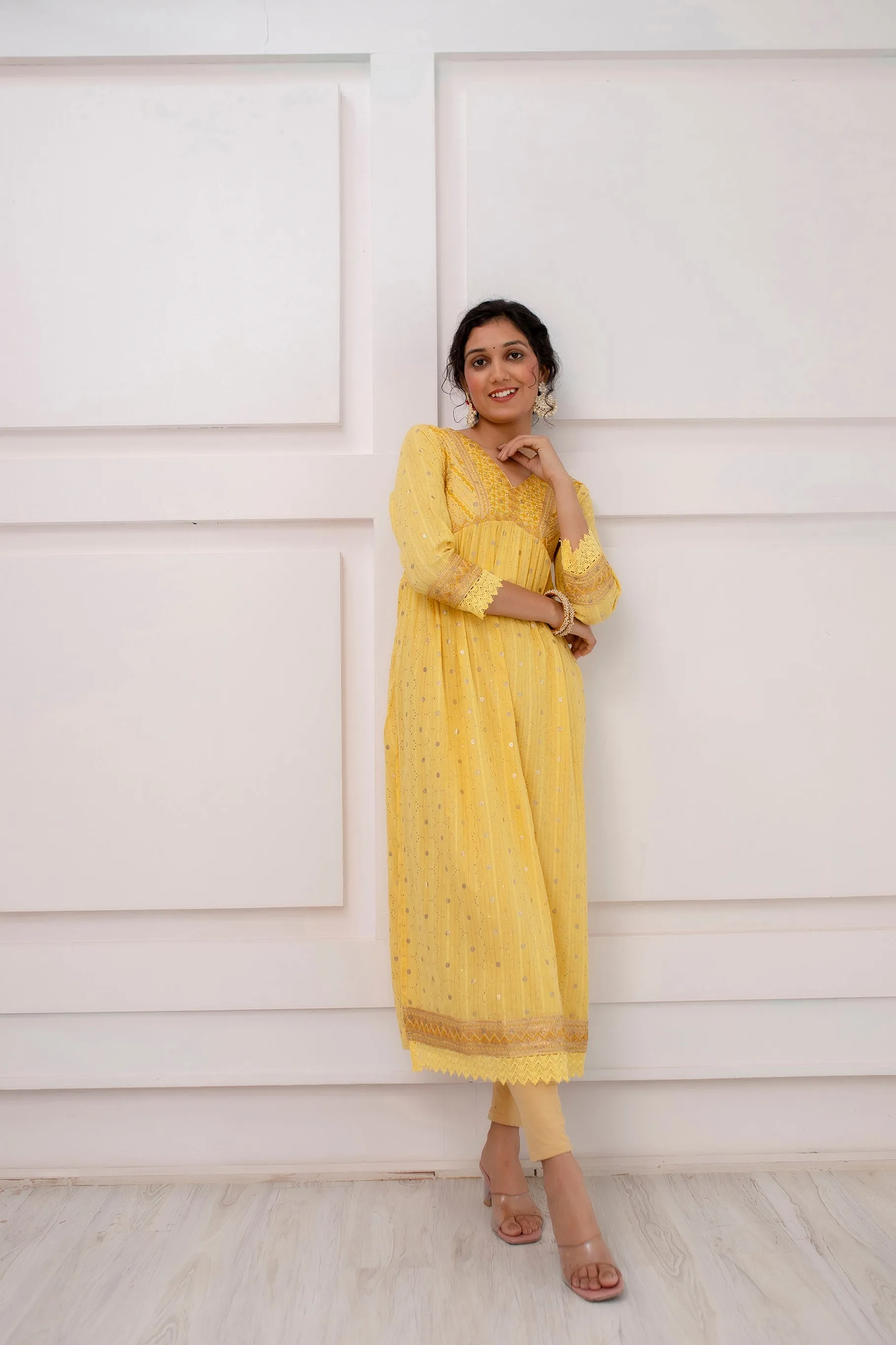 Womens Cotton Luriks Yellow Nyara Cut A-Line Kurta