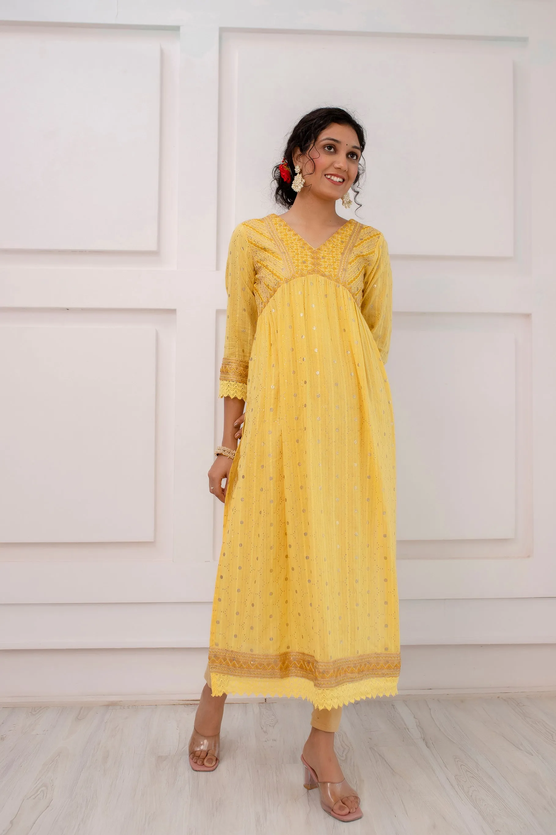 Womens Cotton Luriks Yellow Nyara Cut A-Line Kurta