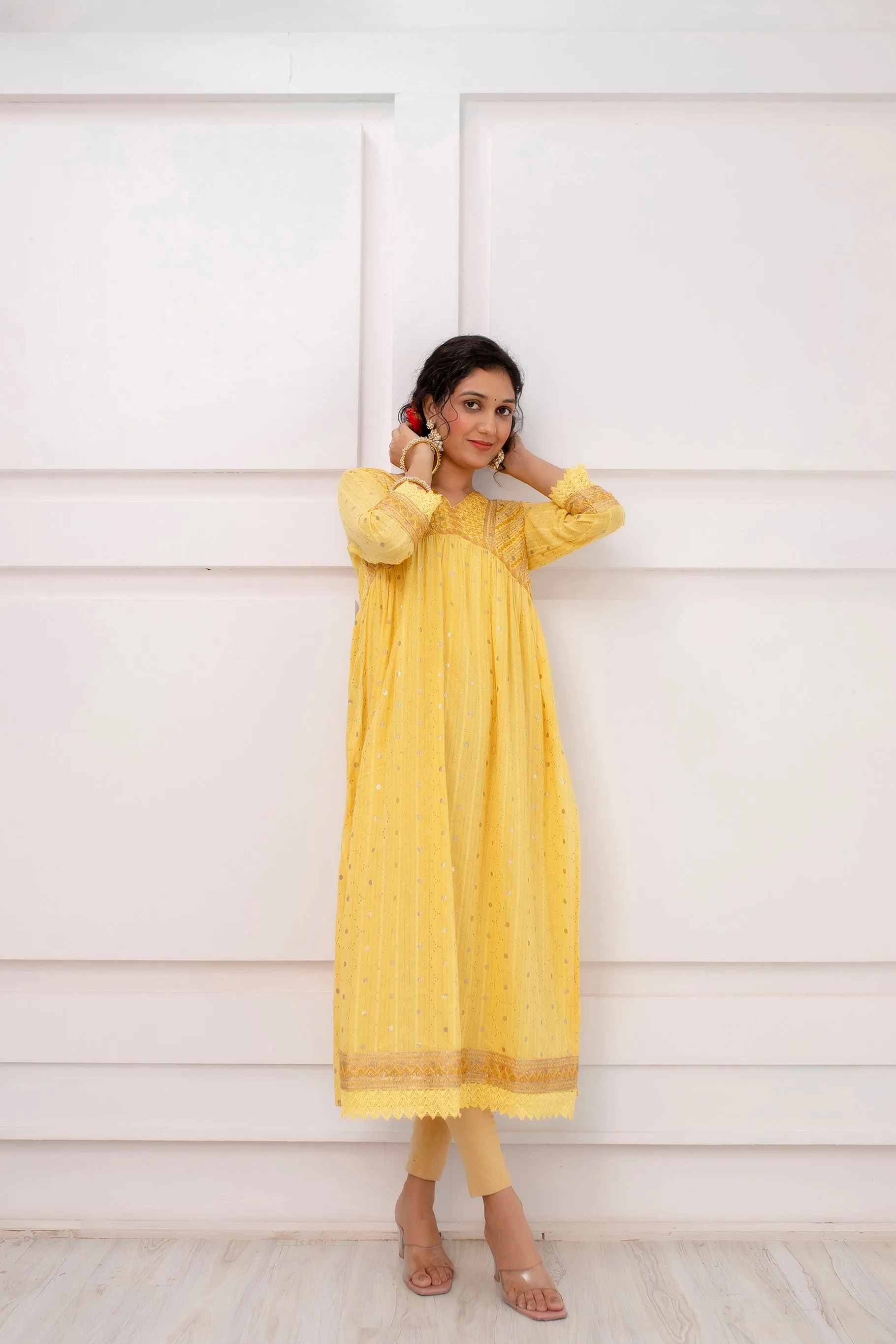 Womens Cotton Luriks Yellow Nyara Cut A-Line Kurta