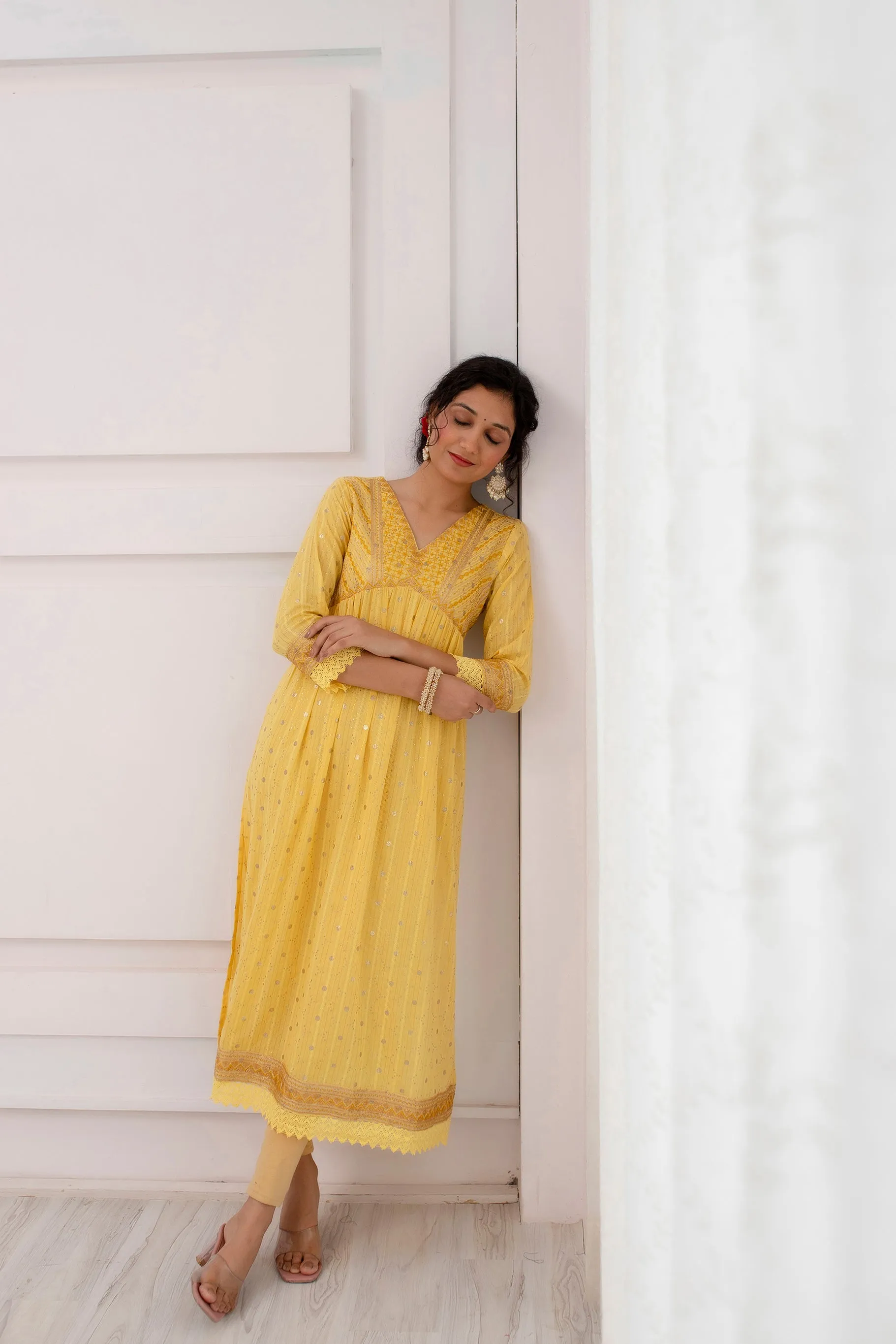 Womens Cotton Luriks Yellow Nyara Cut A-Line Kurta