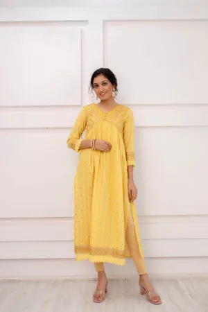 Womens Cotton Luriks Yellow Nyara Cut A-Line Kurta