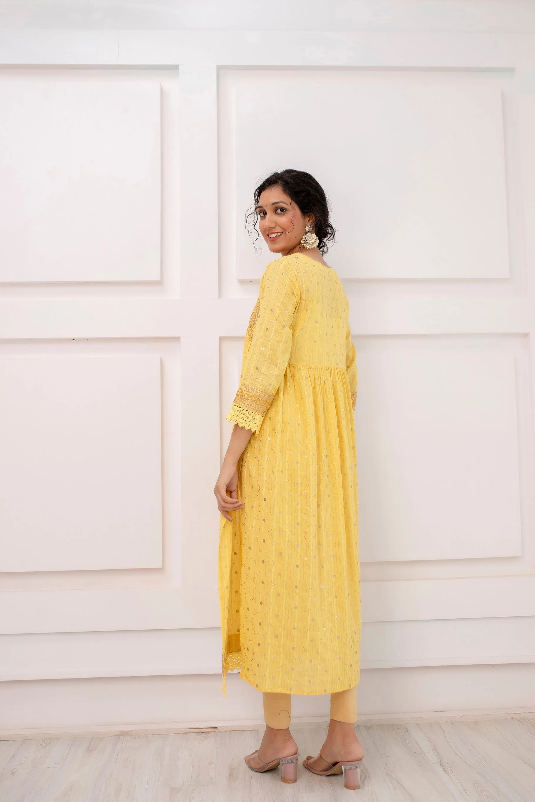 Womens Cotton Luriks Yellow Nyara Cut A-Line Kurta