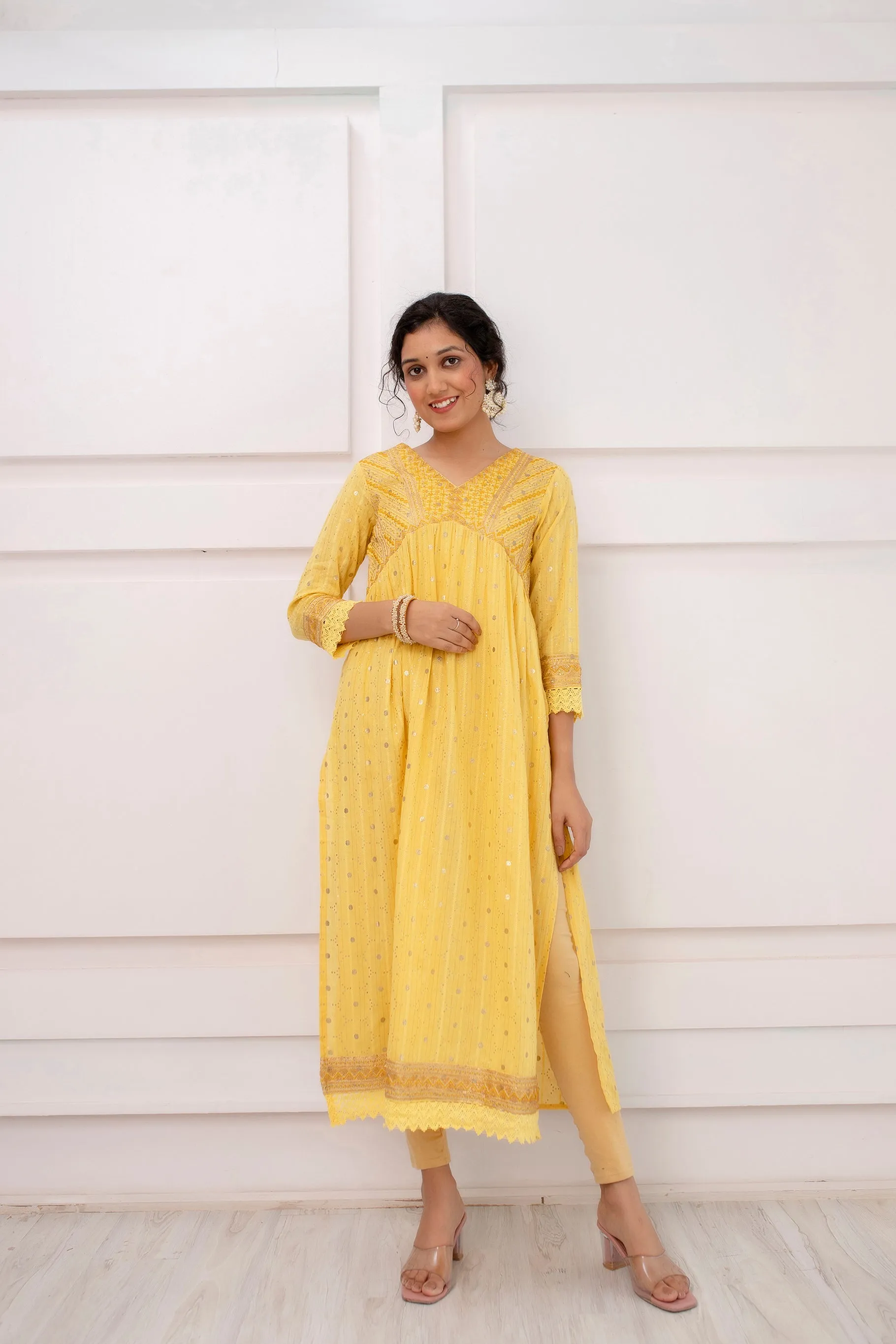 Womens Cotton Luriks Yellow Nyara Cut A-Line Kurta