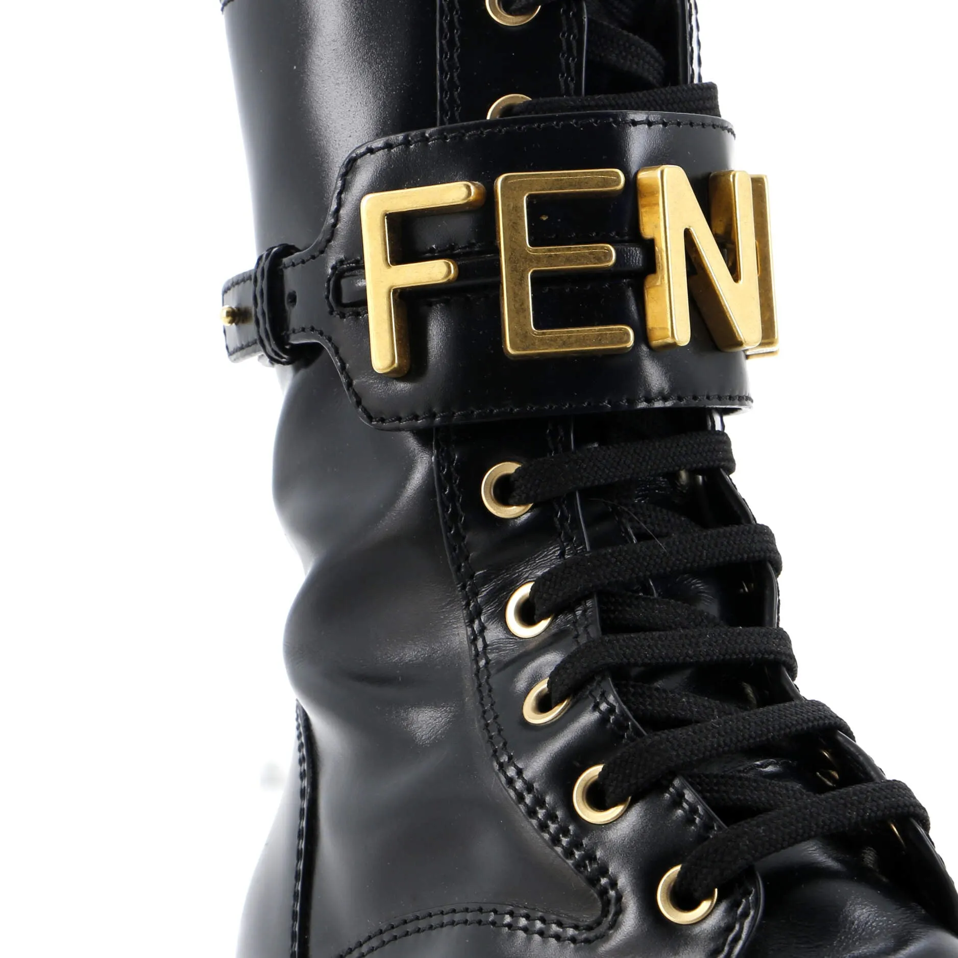 Women's Fendigraphy Biker Combat Boots Leather with Metal