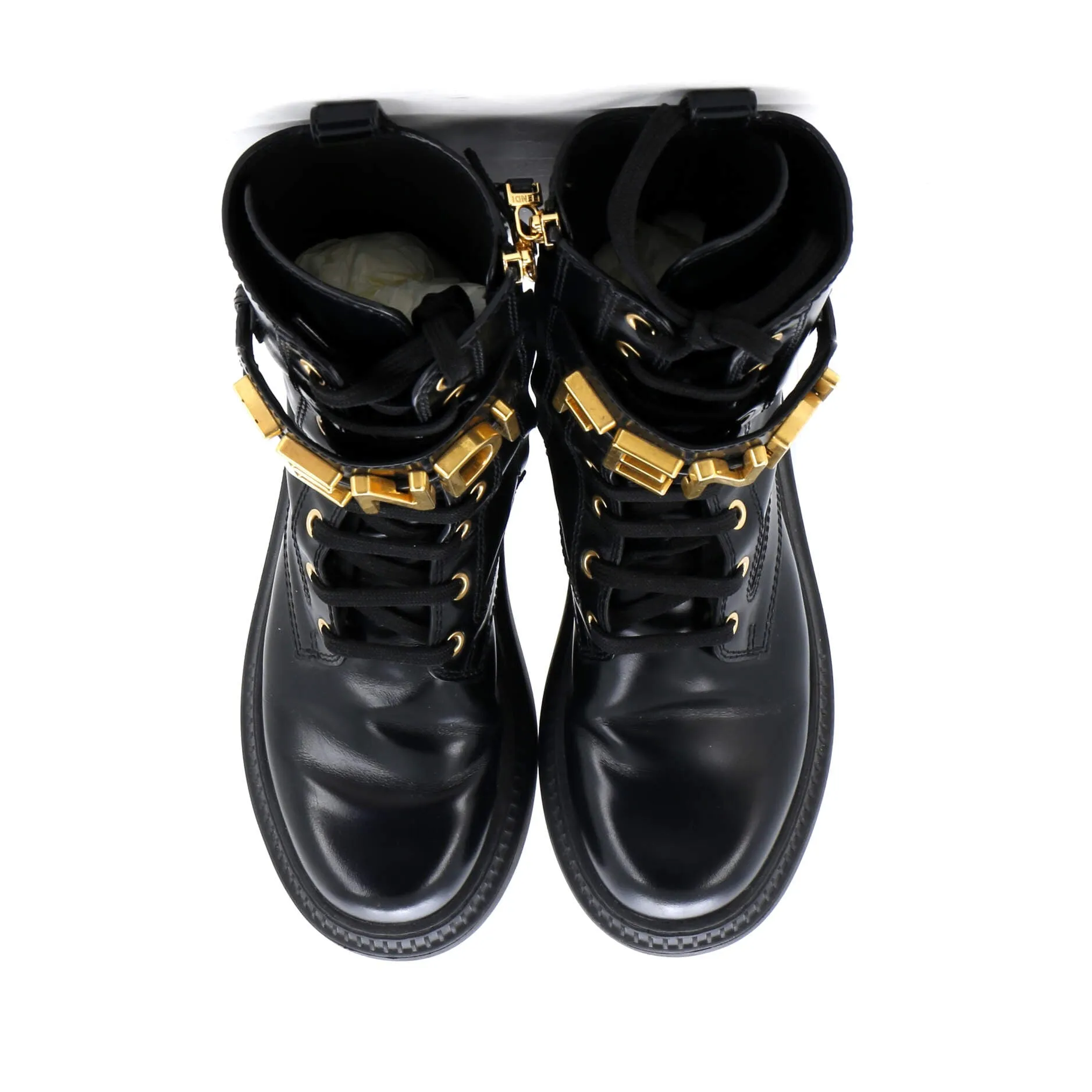 Women's Fendigraphy Biker Combat Boots Leather with Metal