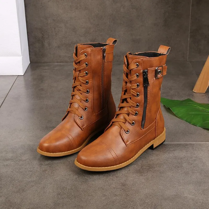 Women's low heel lace-up mid calf biker boots