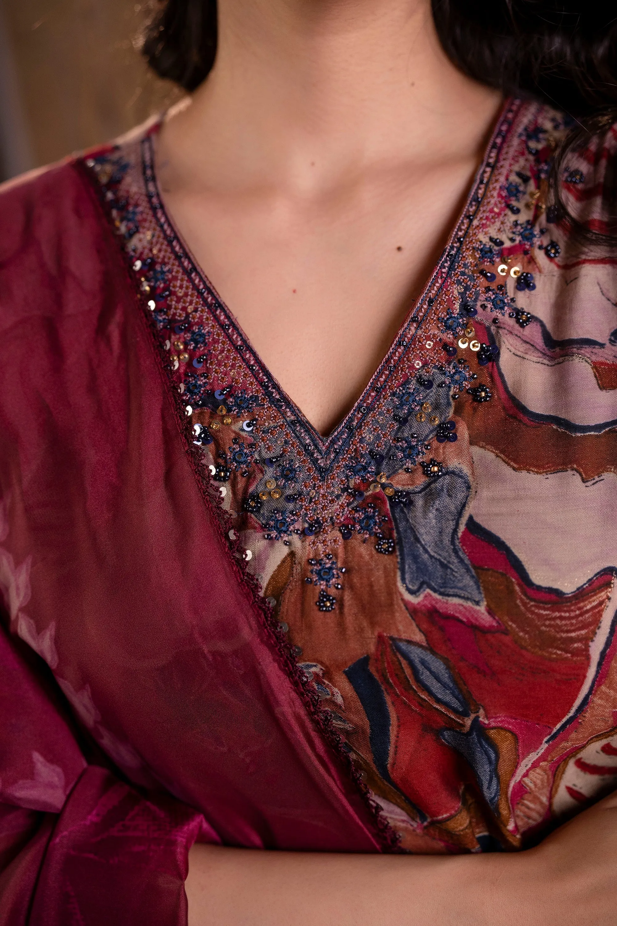 Women's Maroon Muslin Kurta Pant and Dupatta Set