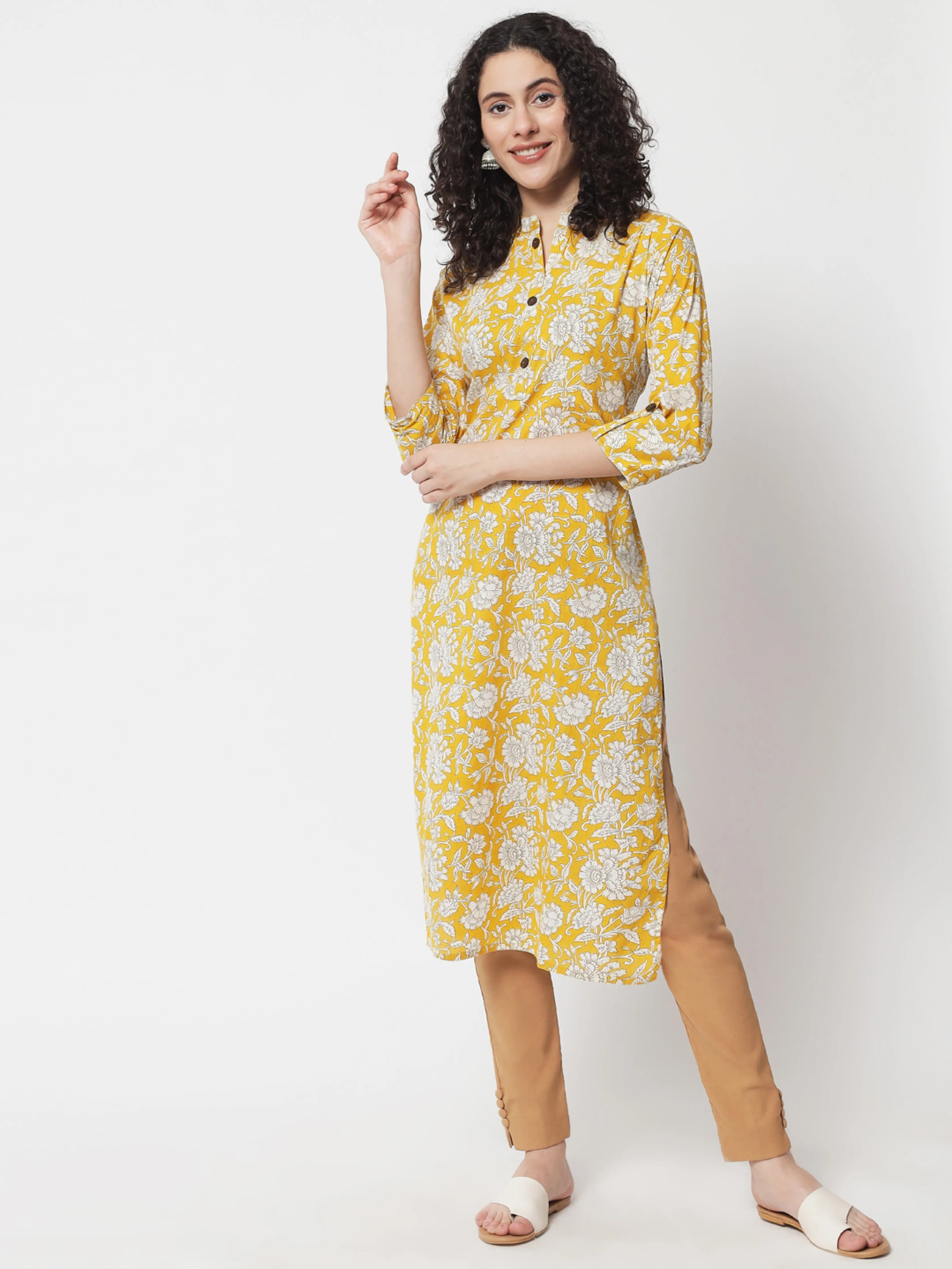 Womens Mustard Cotton Straight Kurta