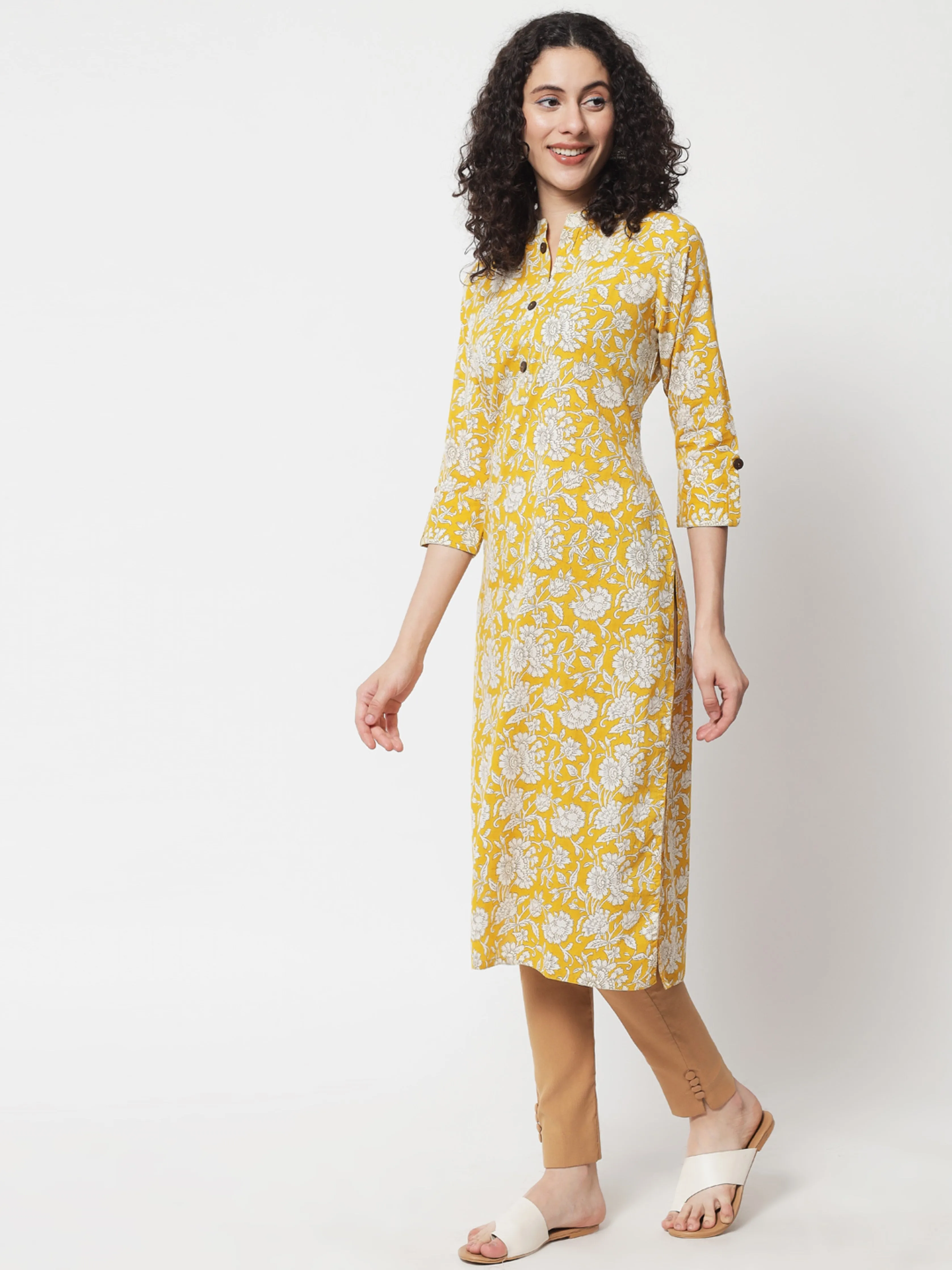 Womens Mustard Cotton Straight Kurta