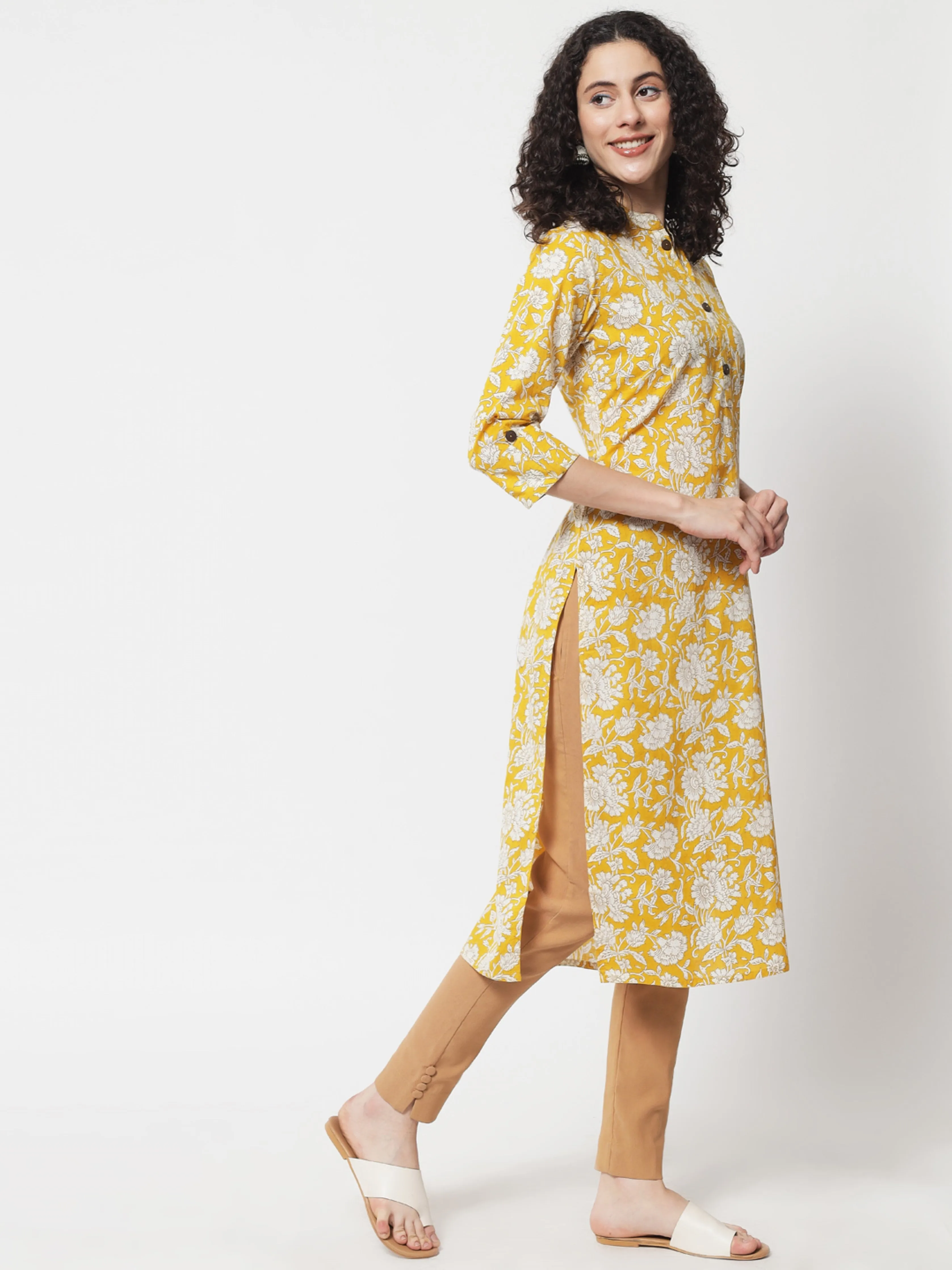Womens Mustard Cotton Straight Kurta