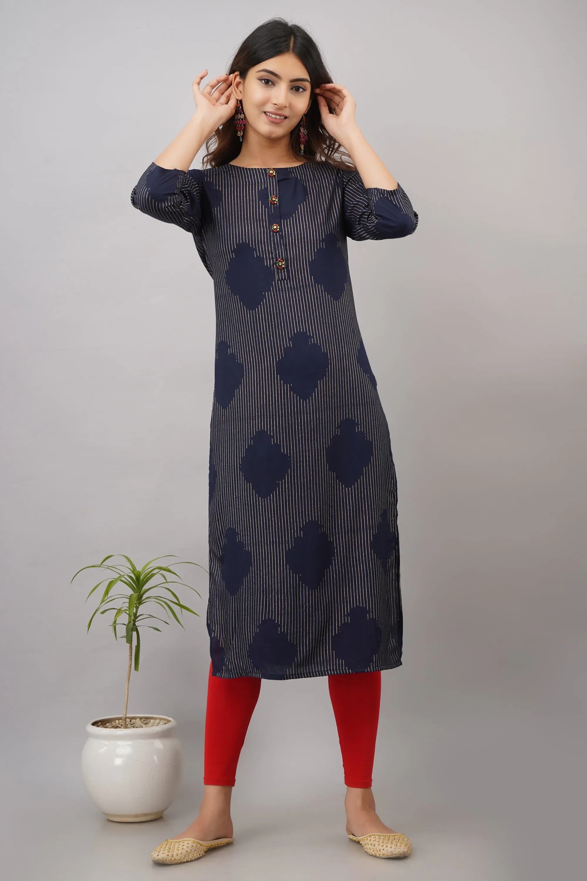 Womens Navy Blue Color Rayon Straight Kurta