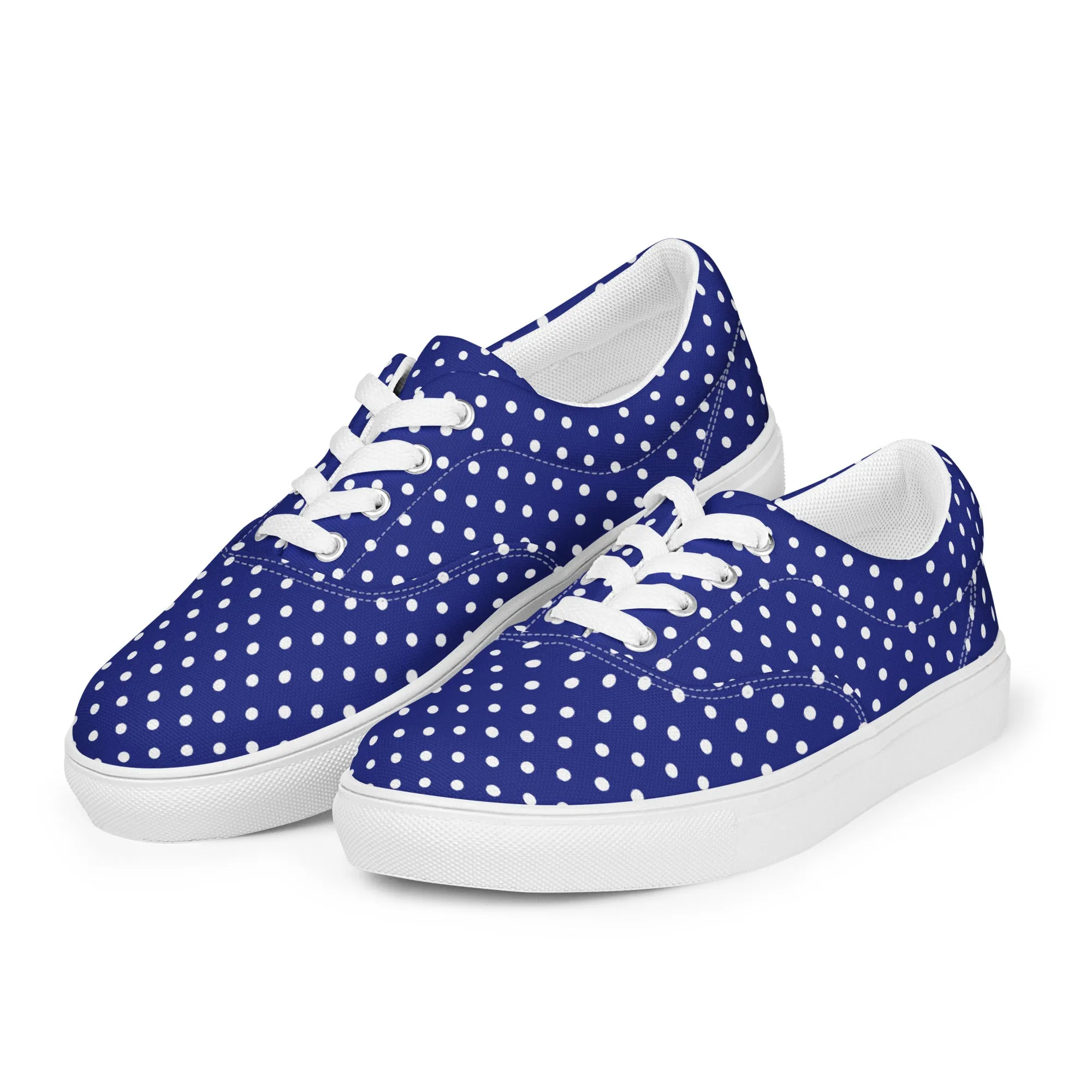 Women’s Navy Blue with White Polka Dots lace-up canvas shoes, Summer Cruising Shoes