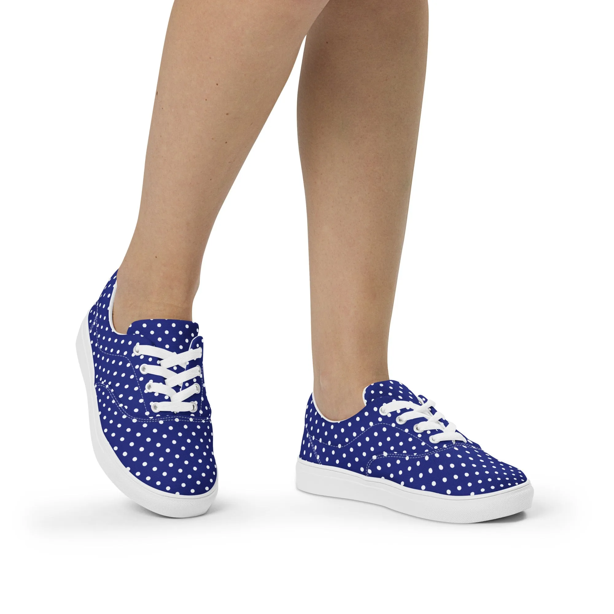 Women’s Navy Blue with White Polka Dots lace-up canvas shoes, Summer Cruising Shoes