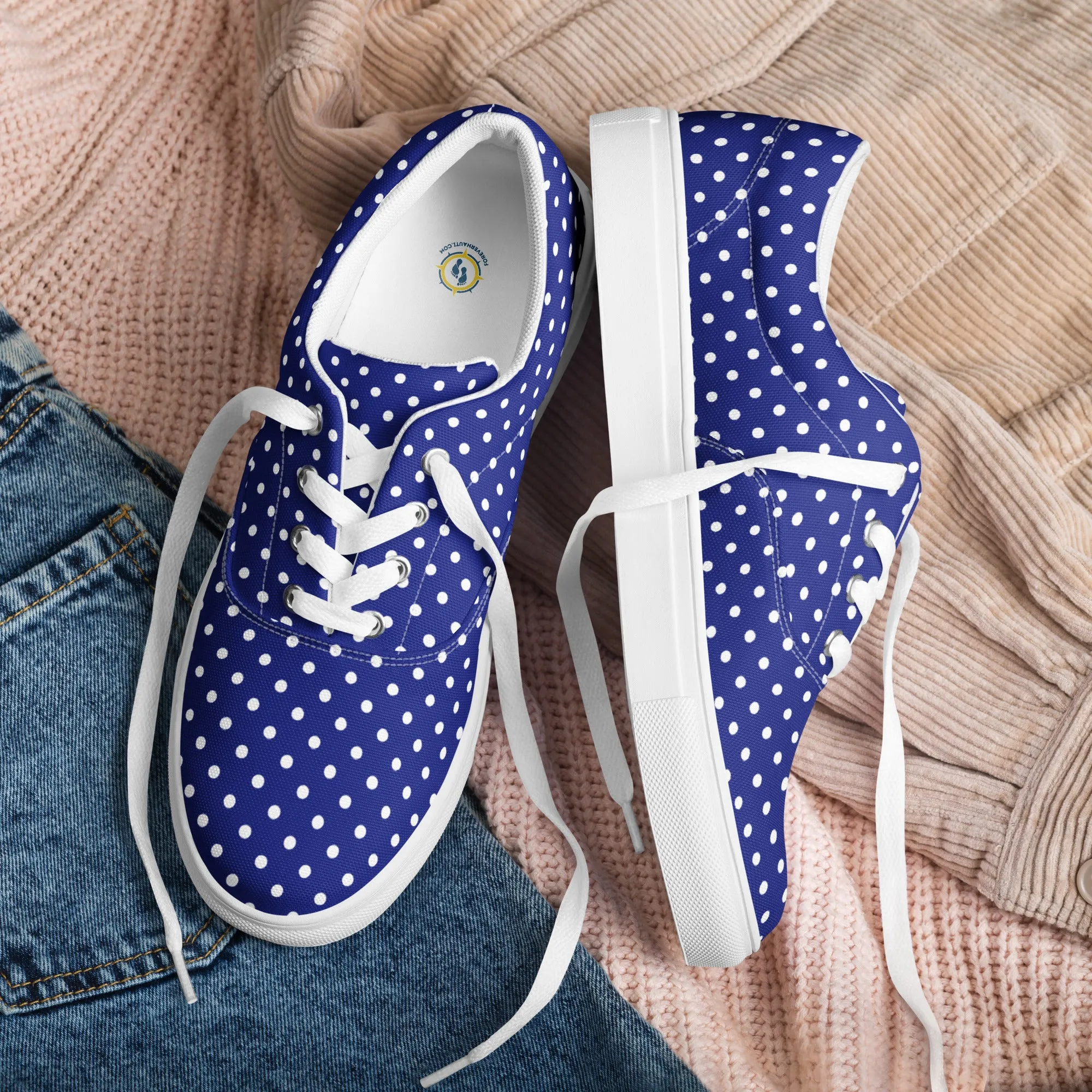 Women’s Navy Blue with White Polka Dots lace-up canvas shoes, Summer Cruising Shoes