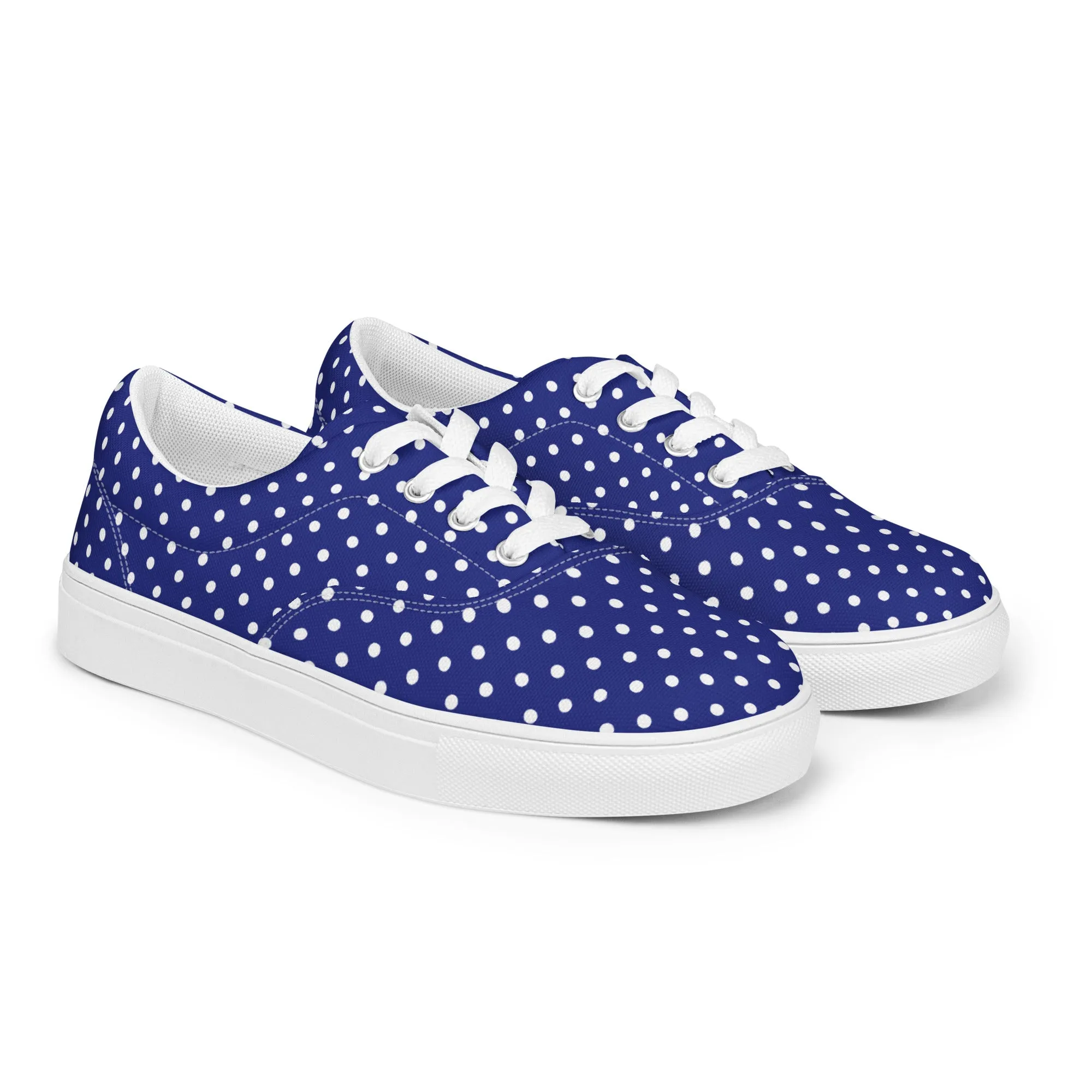Women’s Navy Blue with White Polka Dots lace-up canvas shoes, Summer Cruising Shoes