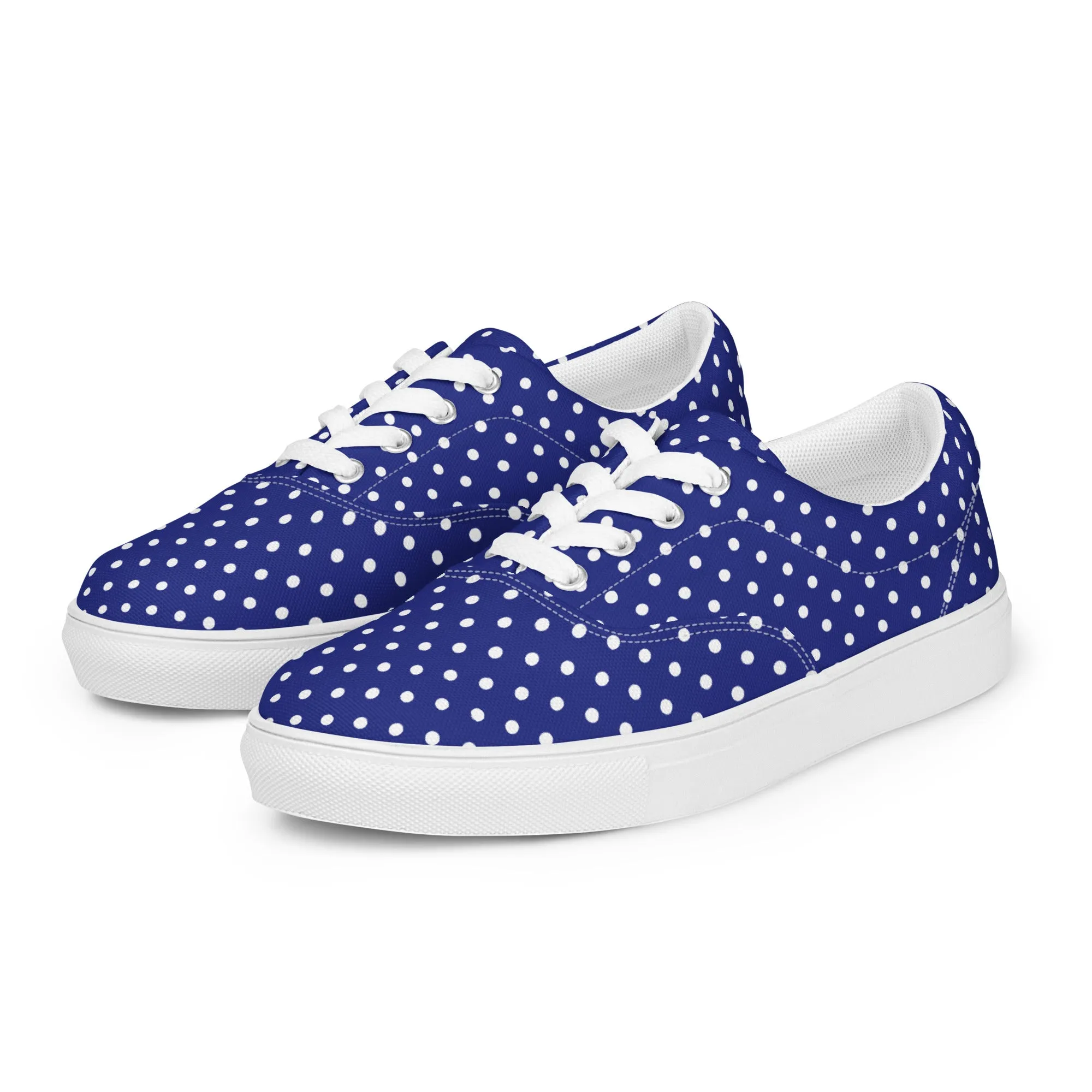 Women’s Navy Blue with White Polka Dots lace-up canvas shoes, Summer Cruising Shoes
