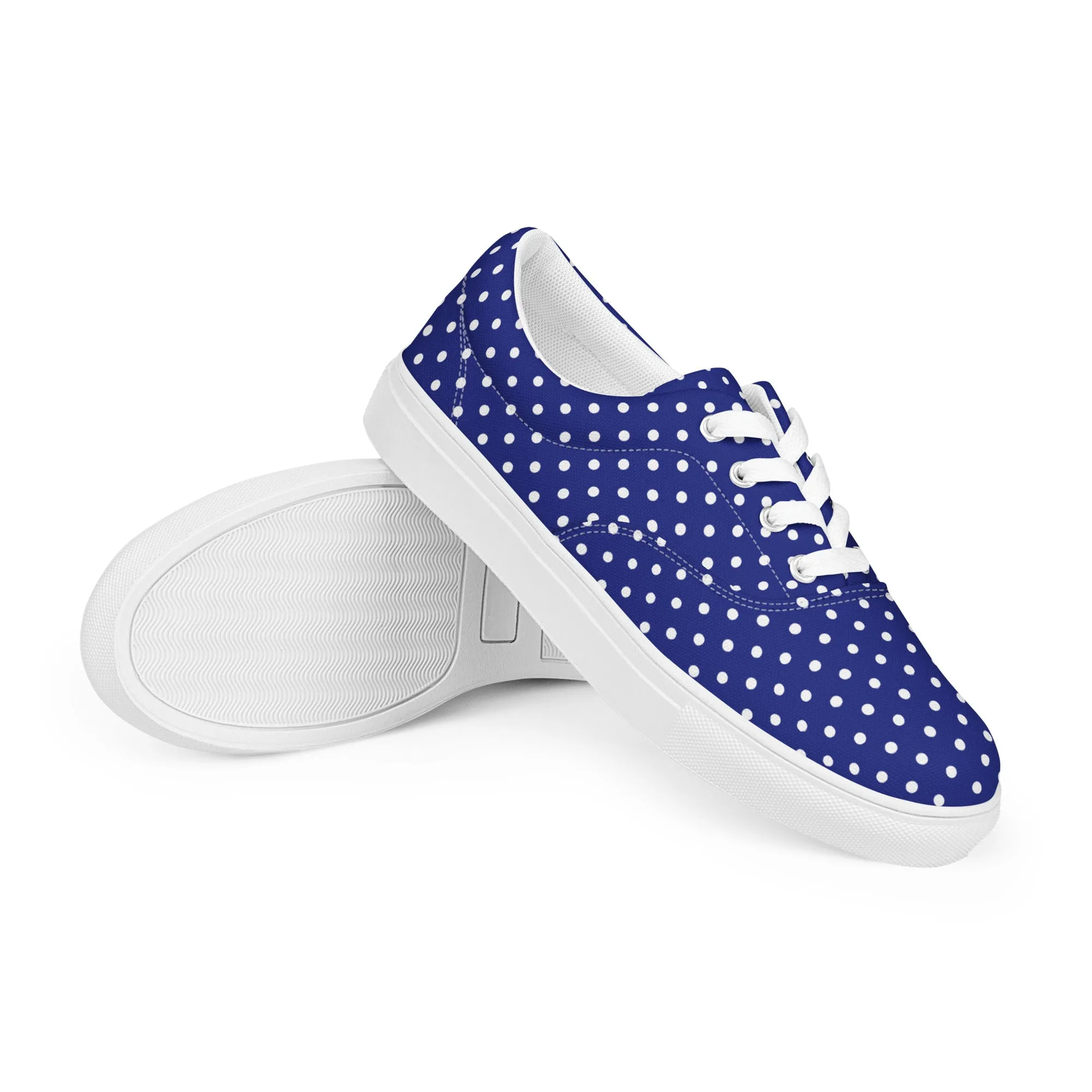 Women’s Navy Blue with White Polka Dots lace-up canvas shoes, Summer Cruising Shoes
