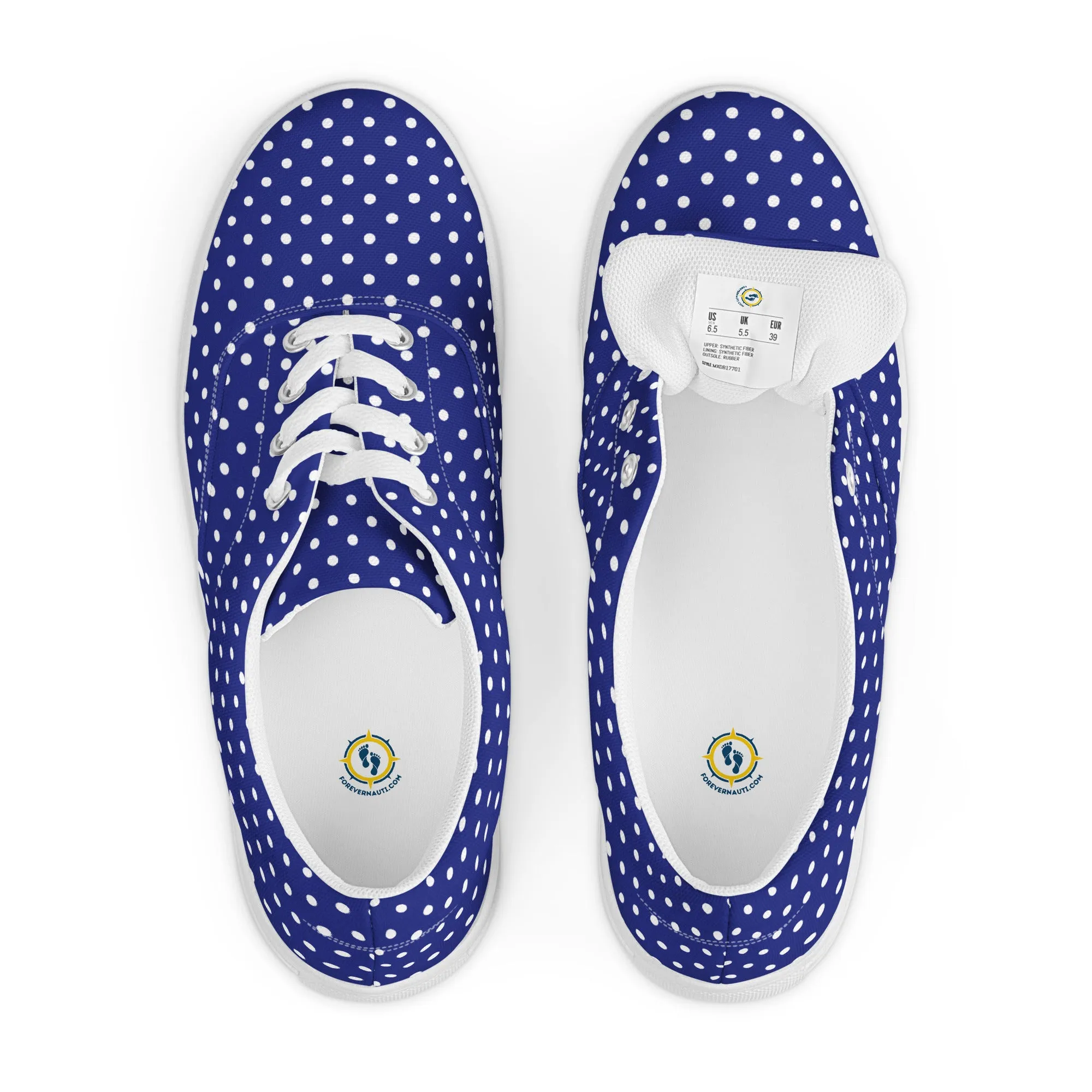 Women’s Navy Blue with White Polka Dots lace-up canvas shoes, Summer Cruising Shoes