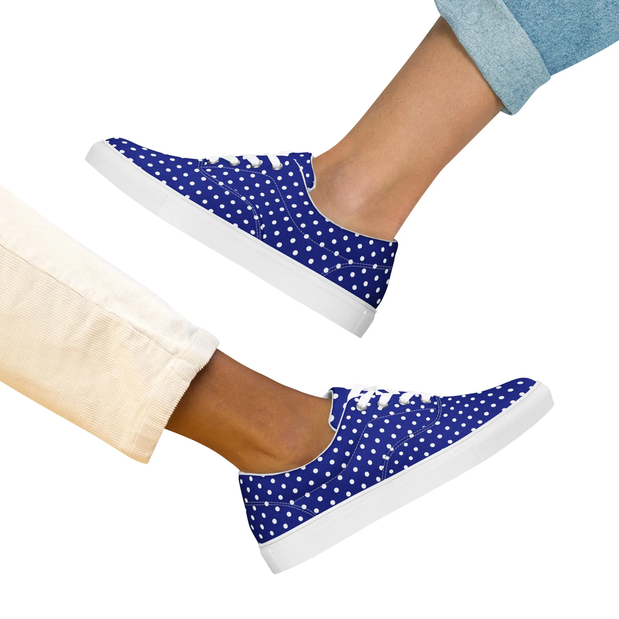 Women’s Navy Blue with White Polka Dots lace-up canvas shoes, Summer Cruising Shoes